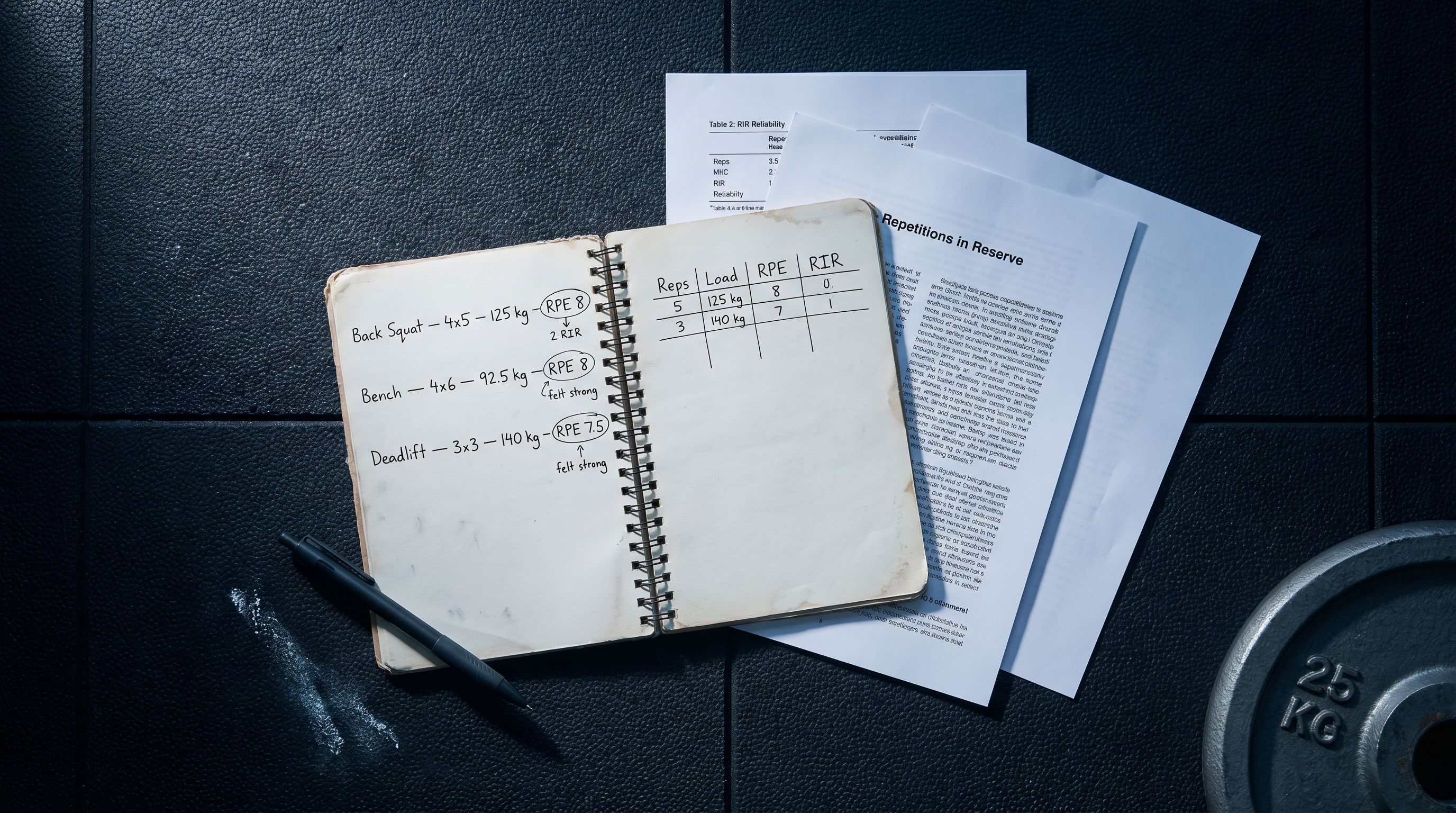 Gym training notebook with hand-written RPE scores and reps beside printed research papers on a dark surface