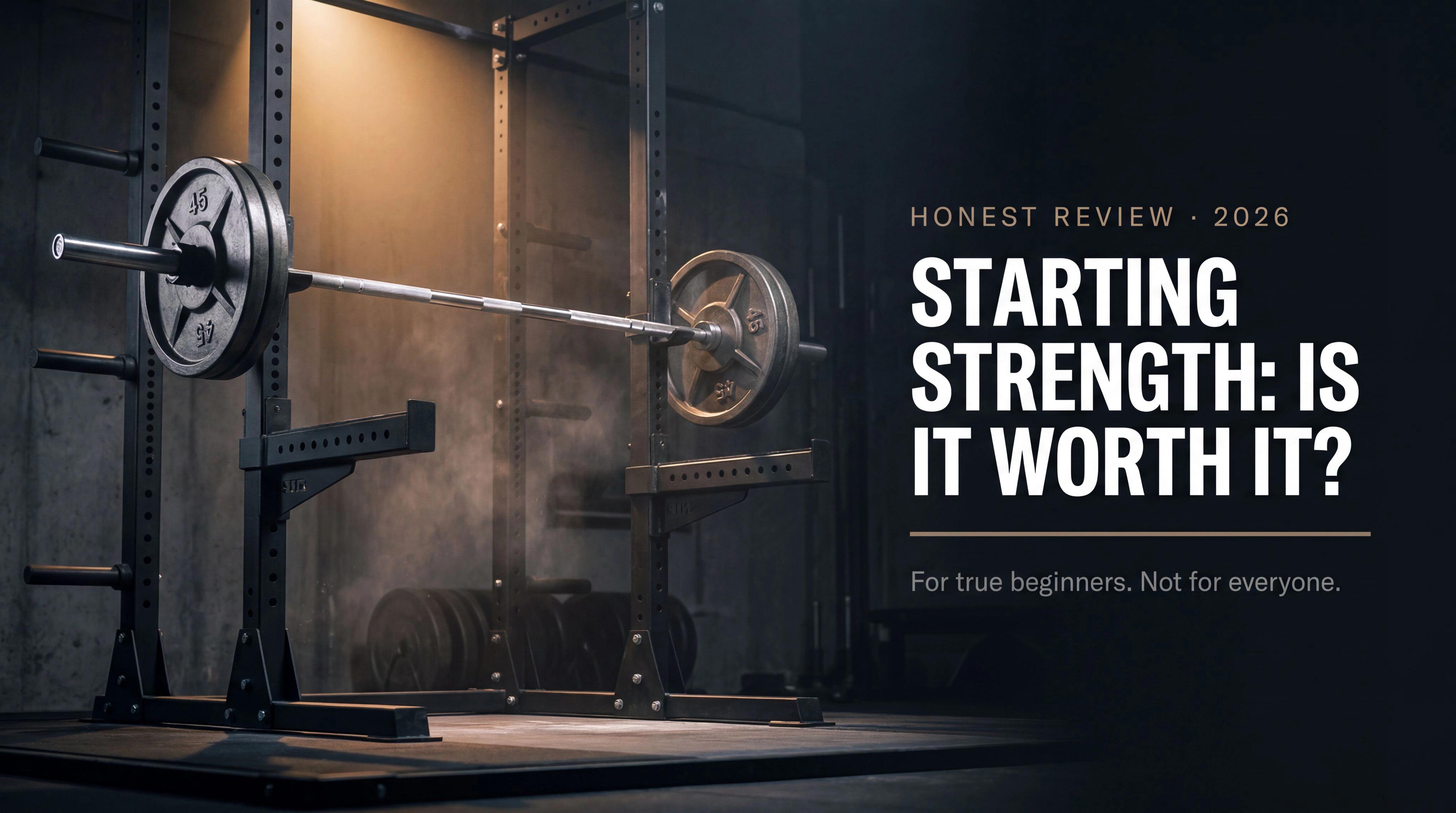 Dramatic barbell loaded on a power rack in a dark gym, hero image for Starting Strength honest review 2026