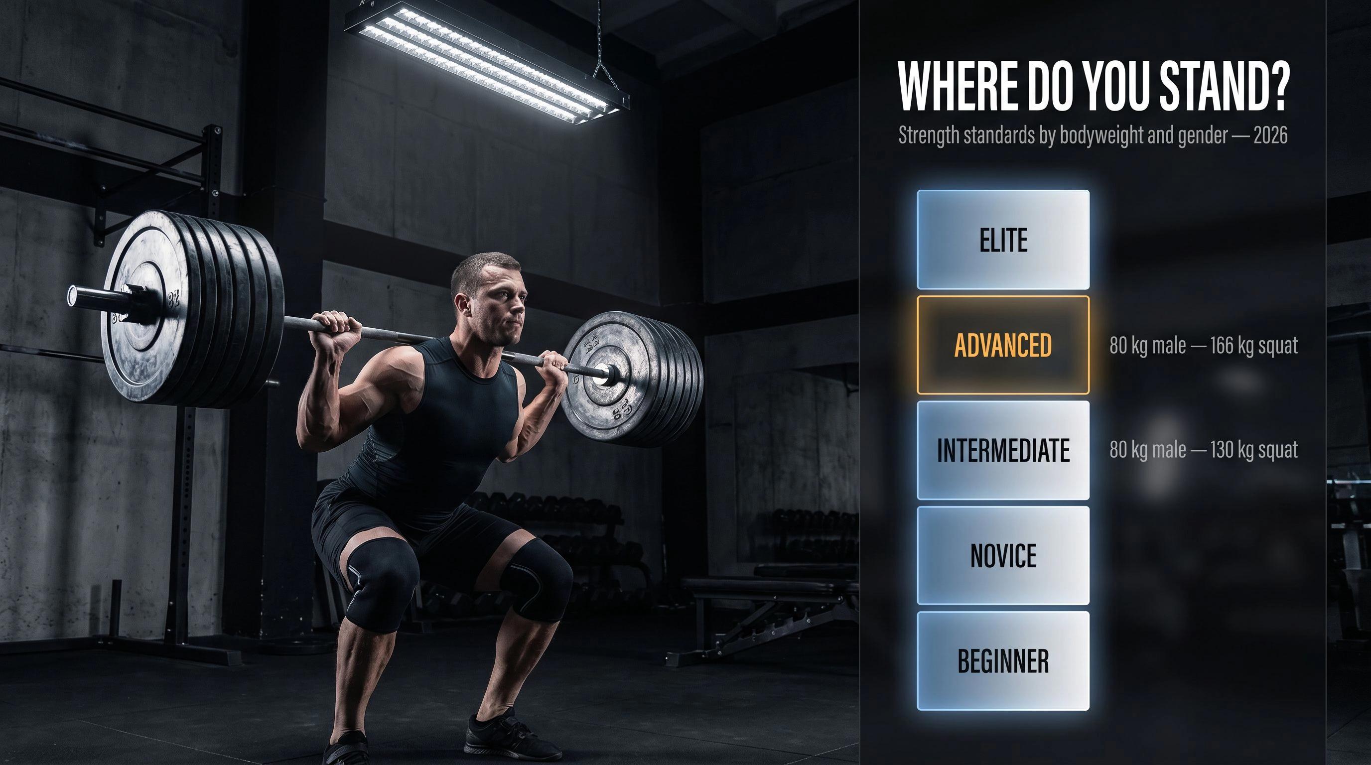 Male lifter under a heavy barbell with five strength tier labels — Beginner to Elite — overlaid in bold white typography against a dark gym background