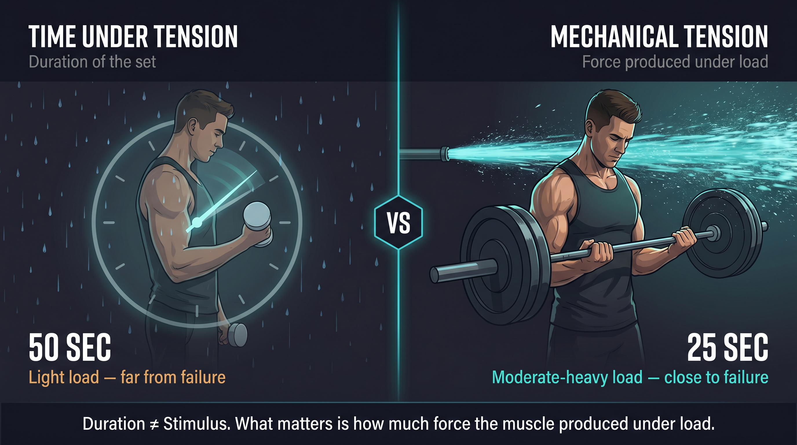 Split-panel illustration showing time under tension vs mechanical tension: light rain 60s vs firehose 10s analogy mapped to gym sets