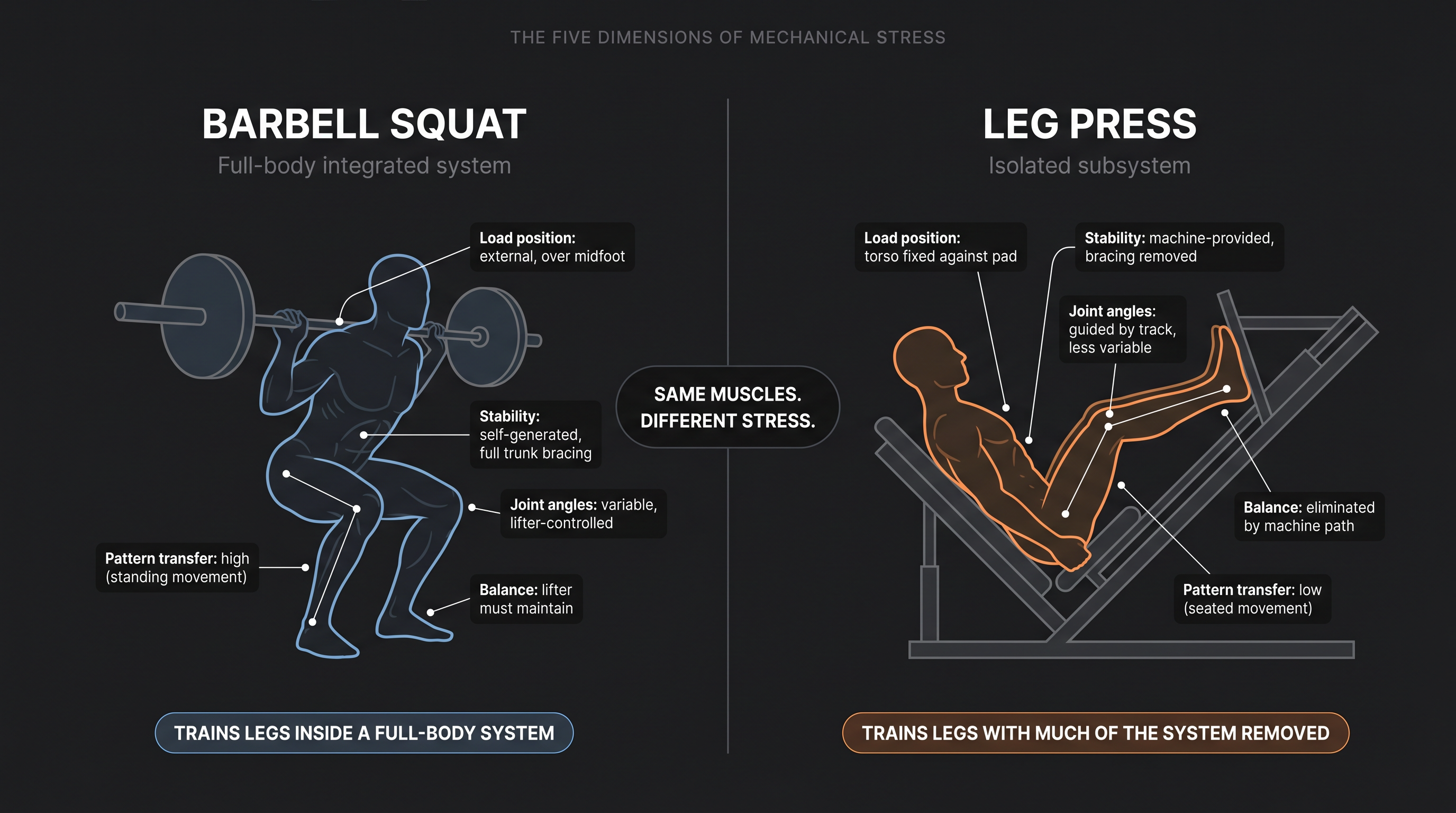 Split-panel biomechanical diagram comparing squat as a full-body stress system vs leg press as an isolated subsystem across five stress dimensions