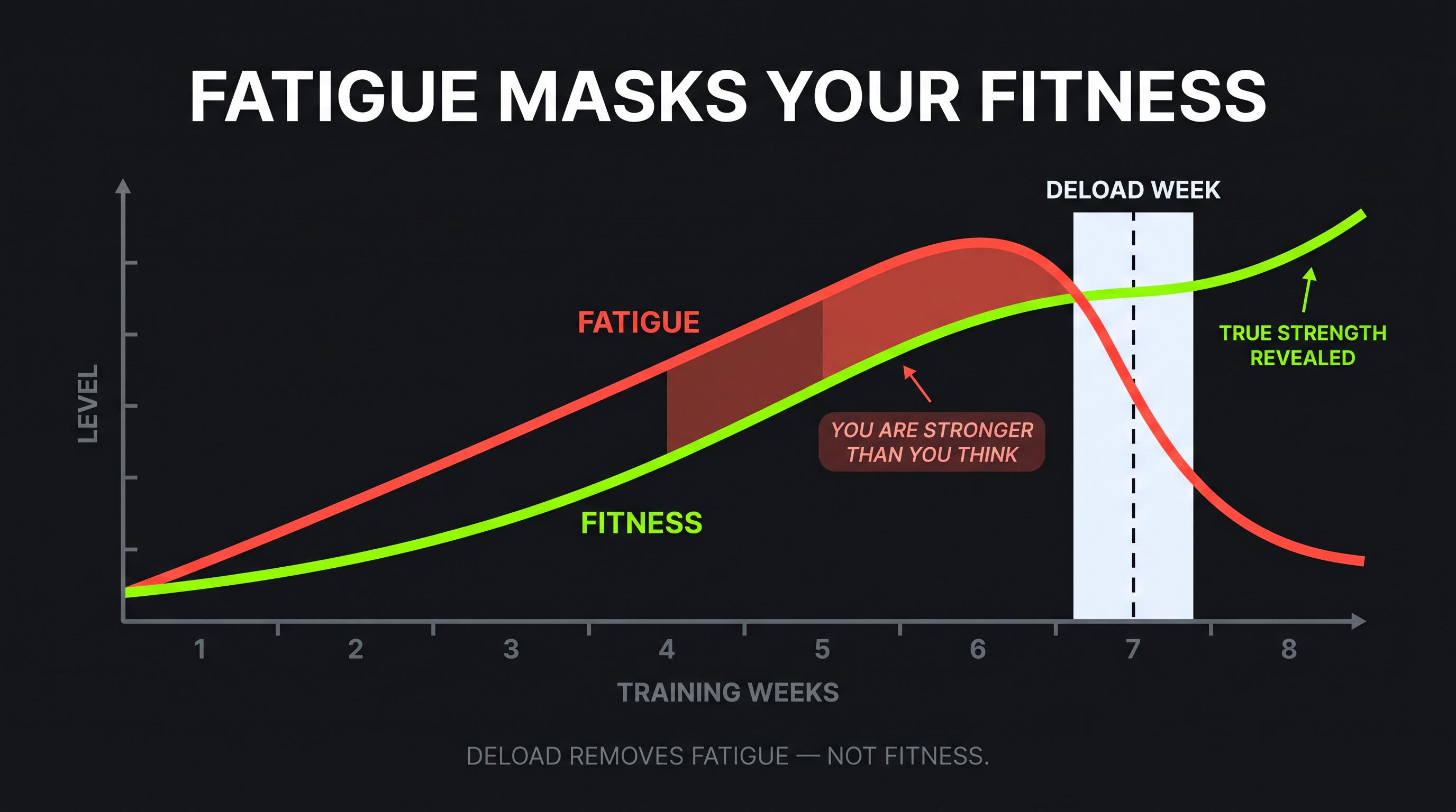 Fitness-fatigue model diagram showing how accumulated fatigue masks strength gains and a deload week reveals true fitness
