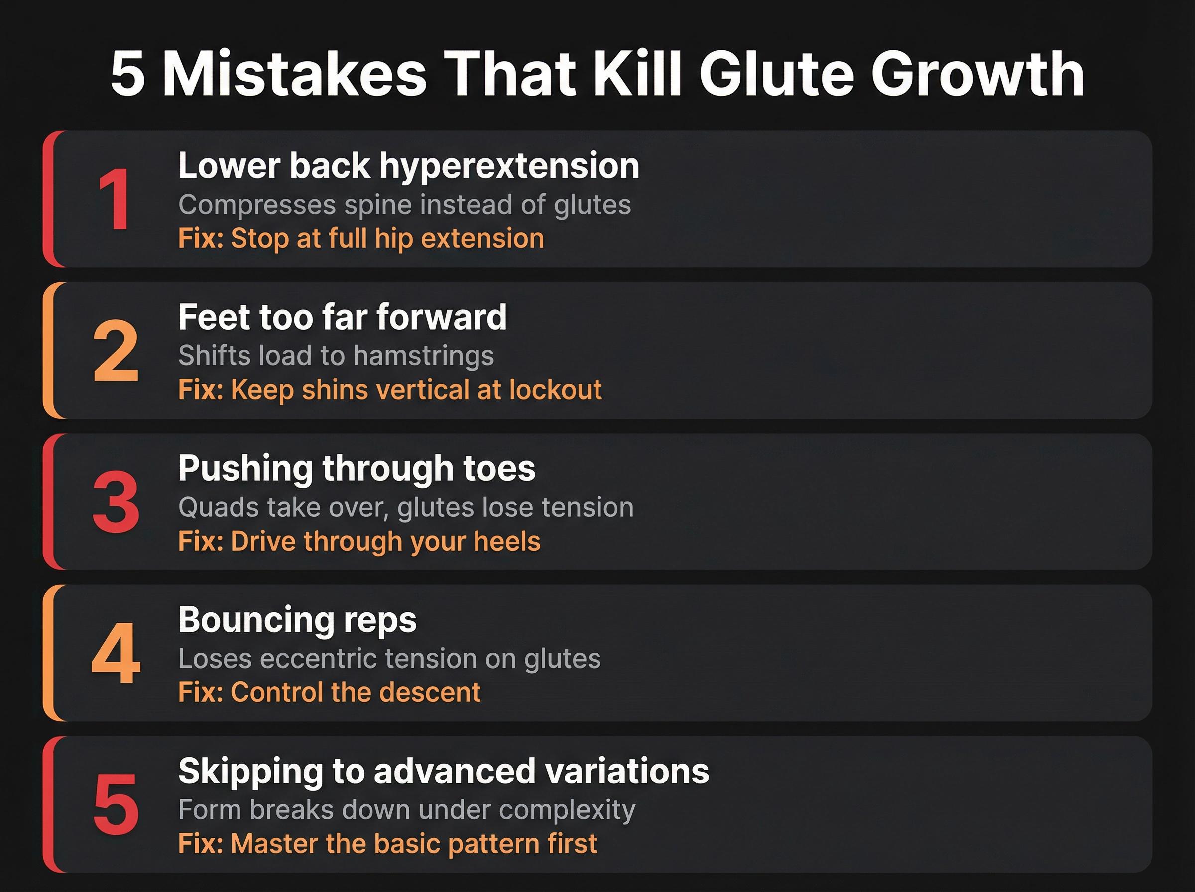 Infographic listing 5 hip thrust mistakes that hurt glute growth with fixes for each error