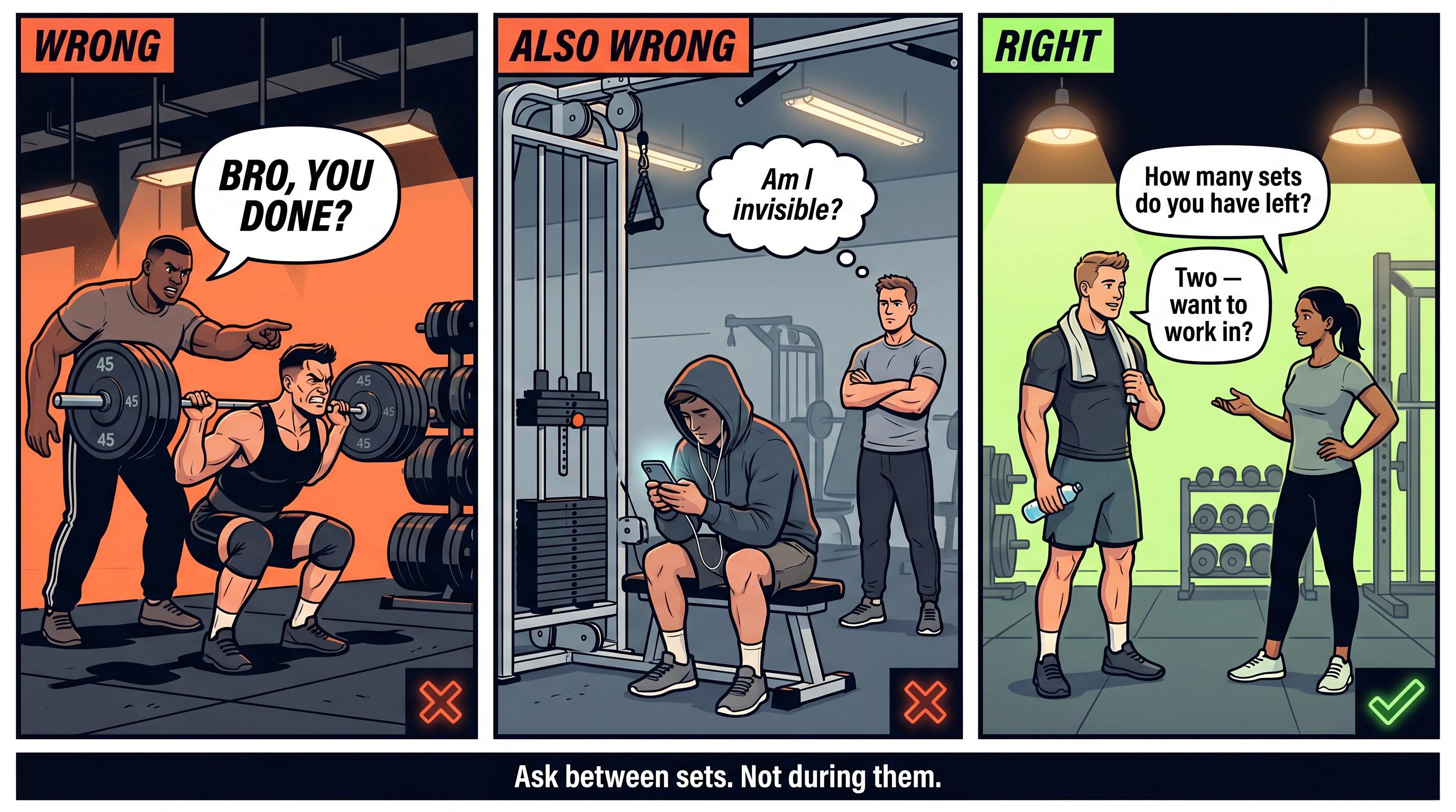 Three-panel comic strip showing wrong vs right ways to ask to work in at the gym, with speech bubble scripts