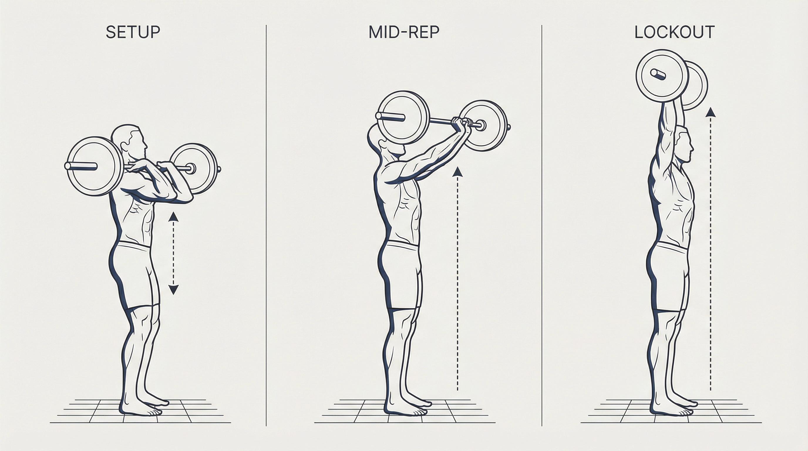 Three-phase overhead press form diagram showing setup, bar at forehead with head back, and lockout with bar over midfoot