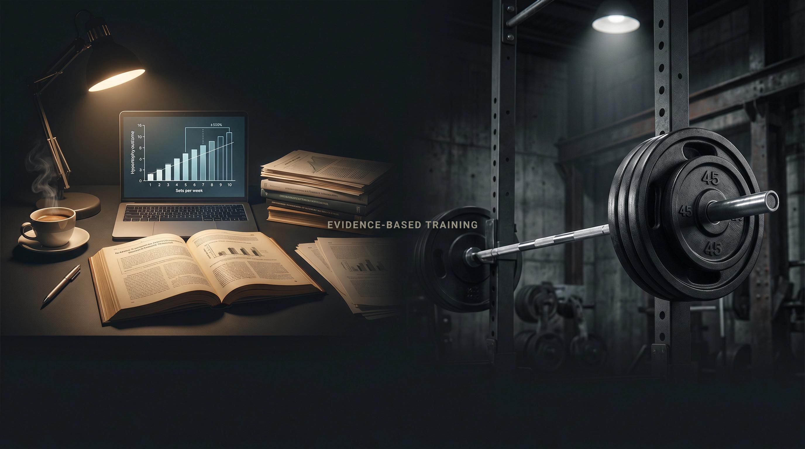 Dark editorial illustration: open research journals and scientific data on one side, a barbell and gym setting on the other, converging at center