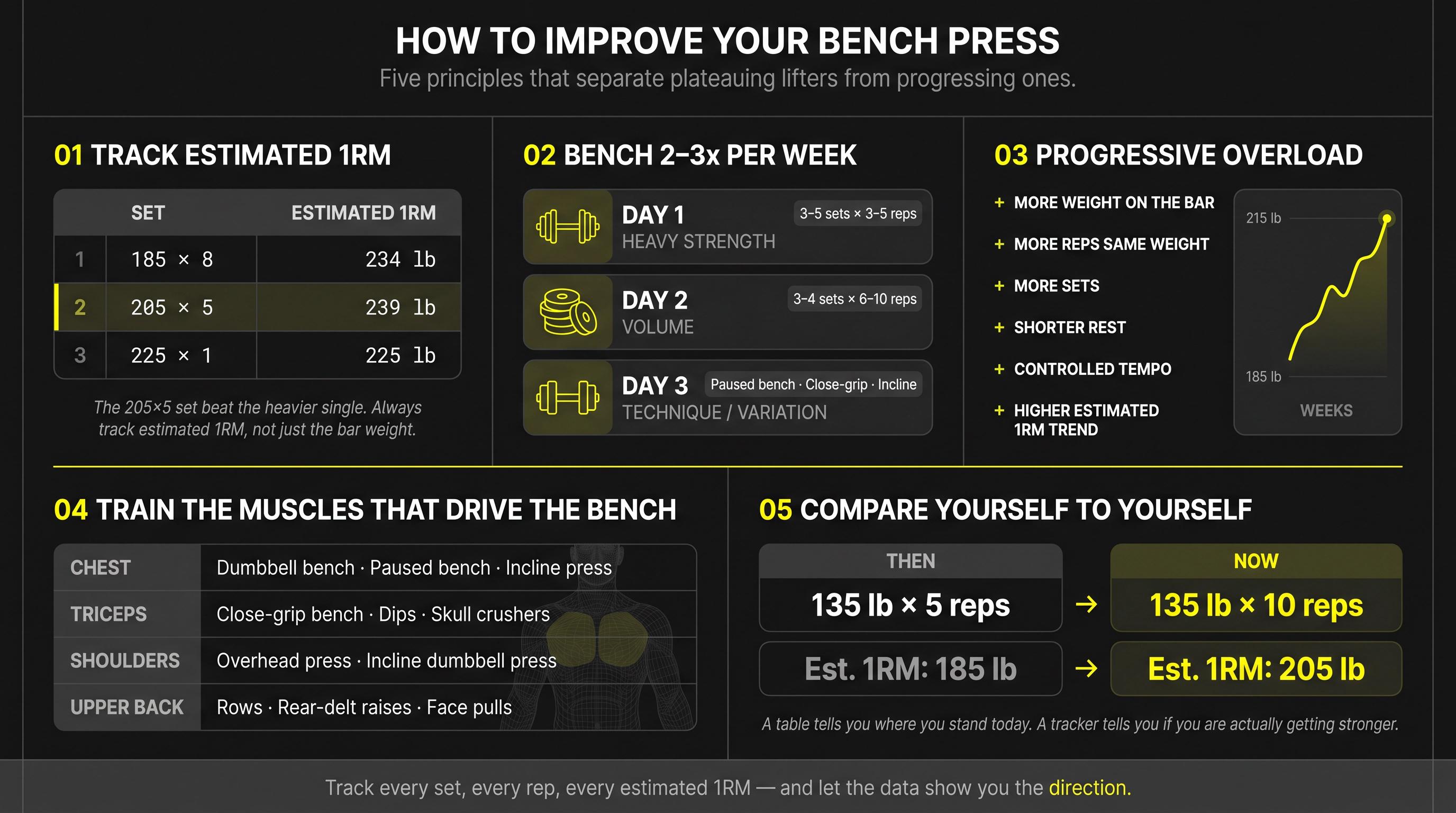 Bench press improvement poster: estimated 1RM tracking, frequency, progressive overload, accessory lifts, and self-comparison