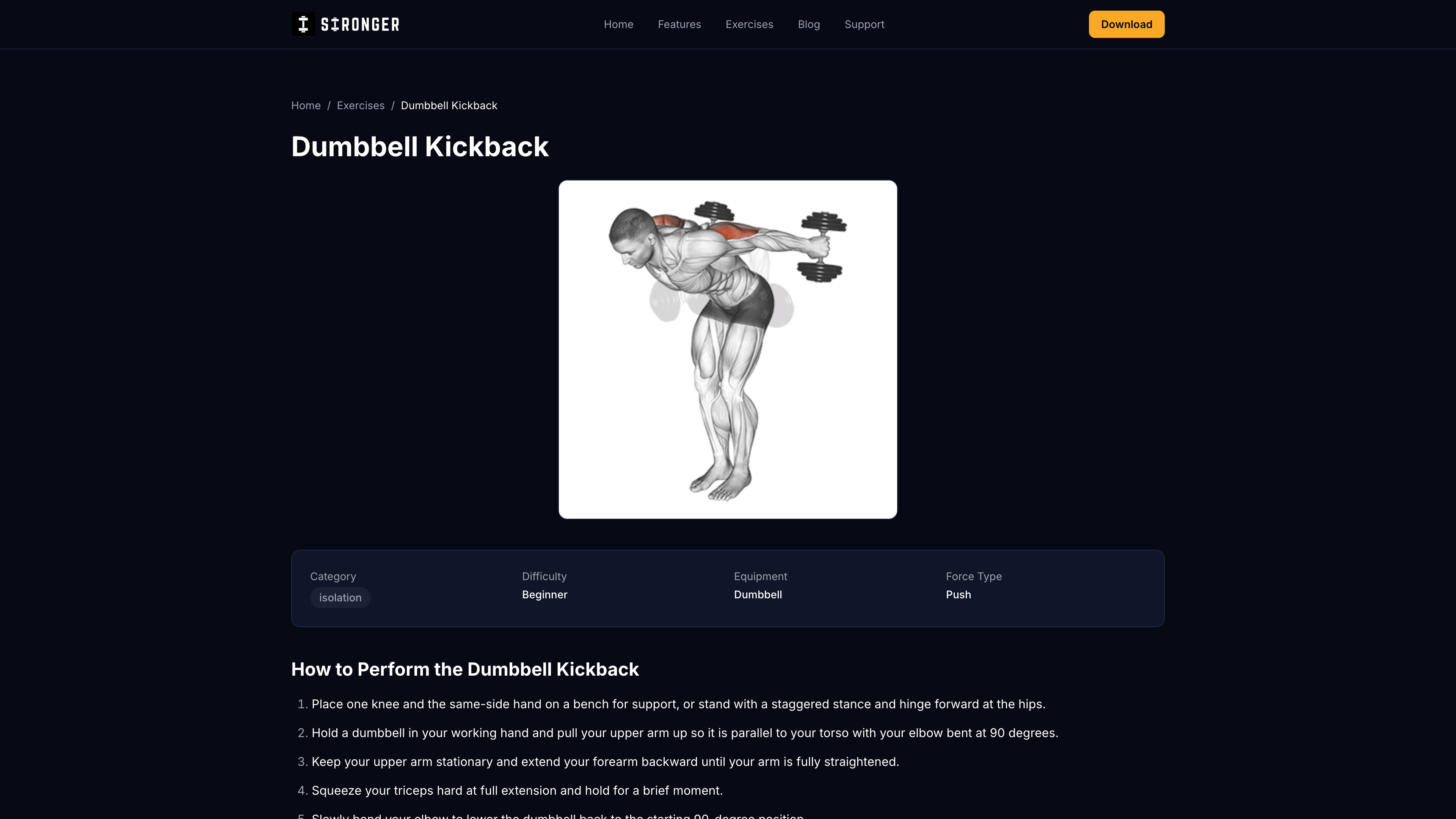 Stronger app dumbbell kickback exercise page showing isolation category, dumbbell equipment, and technique instructions including the lockout squeeze cue at full extension