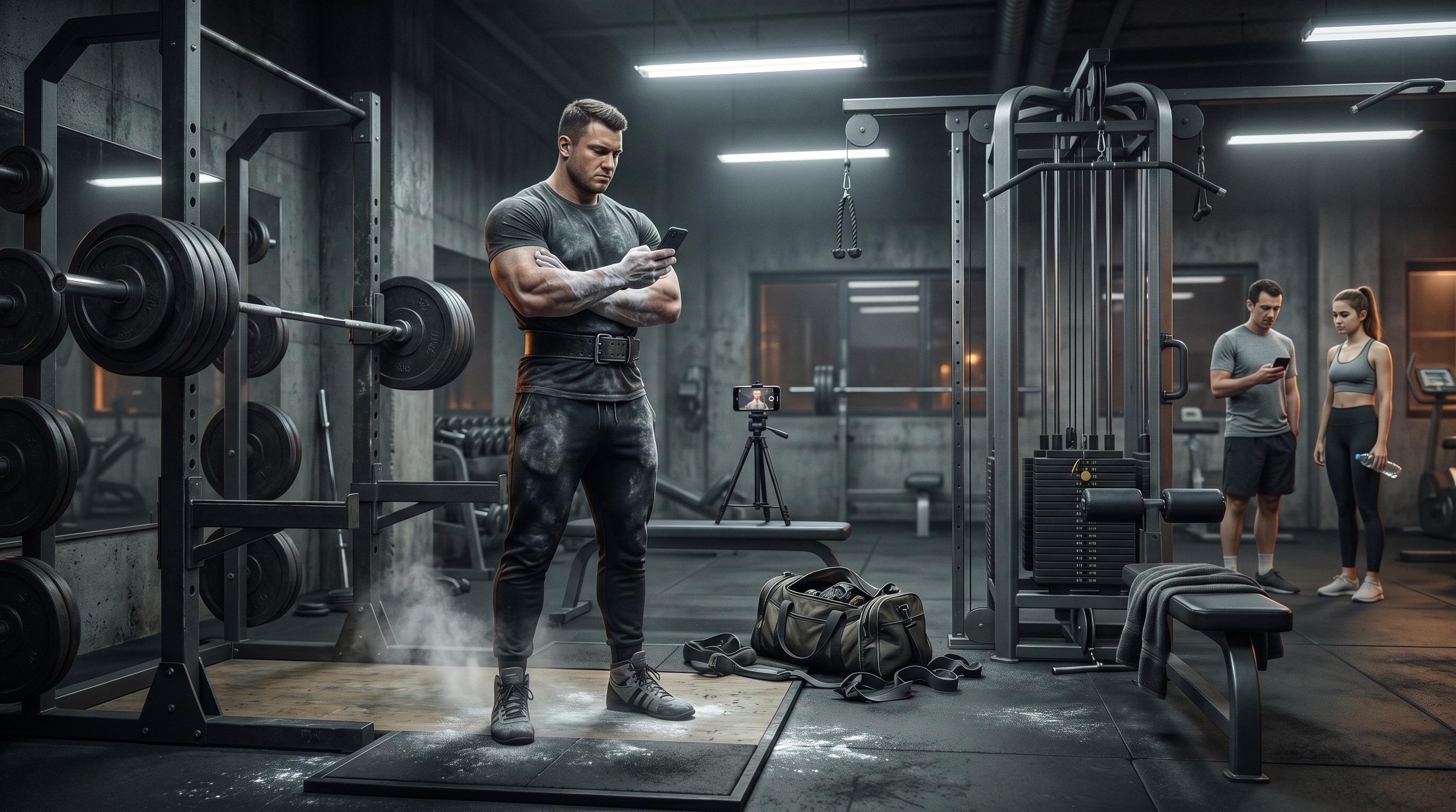 Advanced lifter surrounded by etiquette violations — loaded bars, tripod, waiting beginners — illustrating the gap between strength and gym citizenship