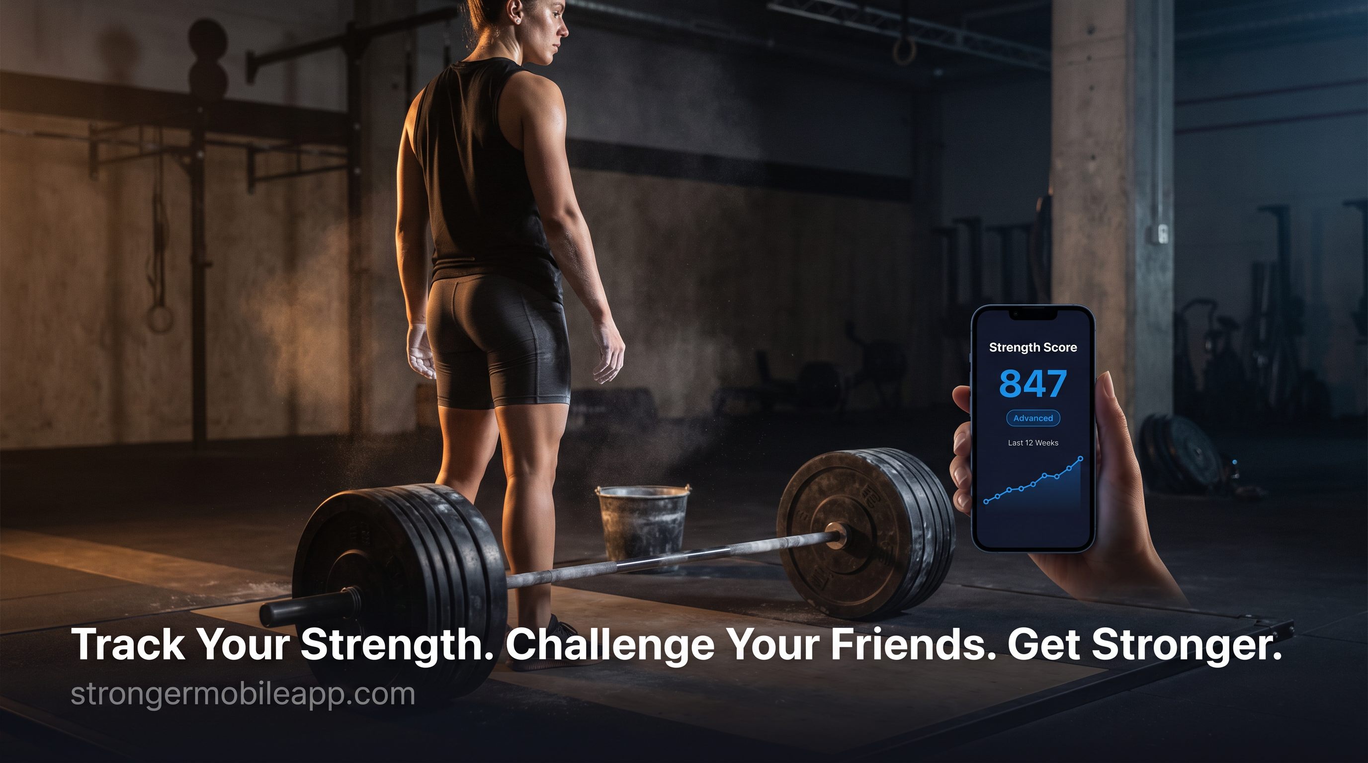 Serious lifter standing beside a loaded barbell in a dark gym, holding a smartphone showing a Stronger app Strength Score, with the tagline 'Track Your Strength. Challenge Your Friends. Get Stronger.' in the lower third