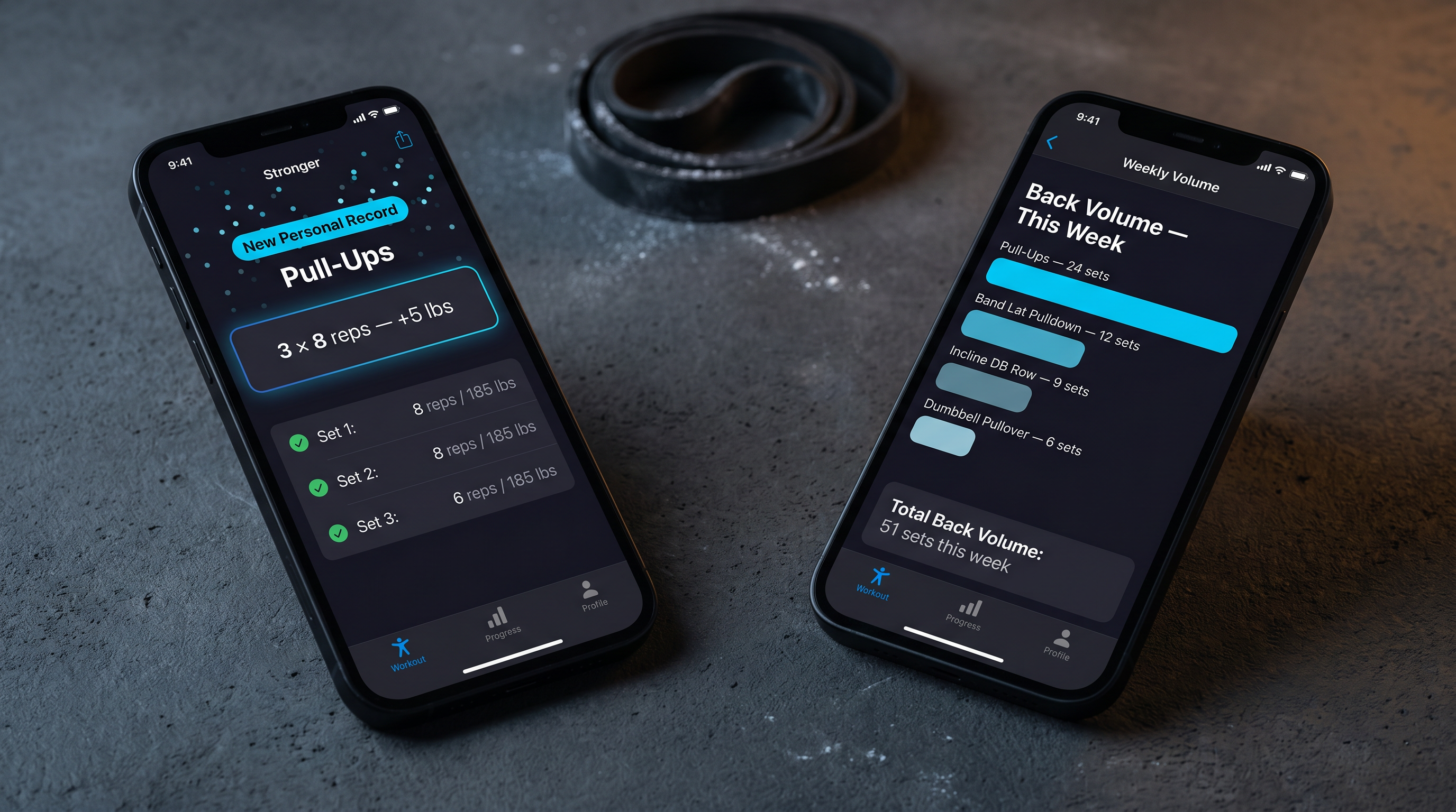 Stronger app screens showing PR detection on pull-ups and weekly back volume tracking by muscle group for home gym athletes