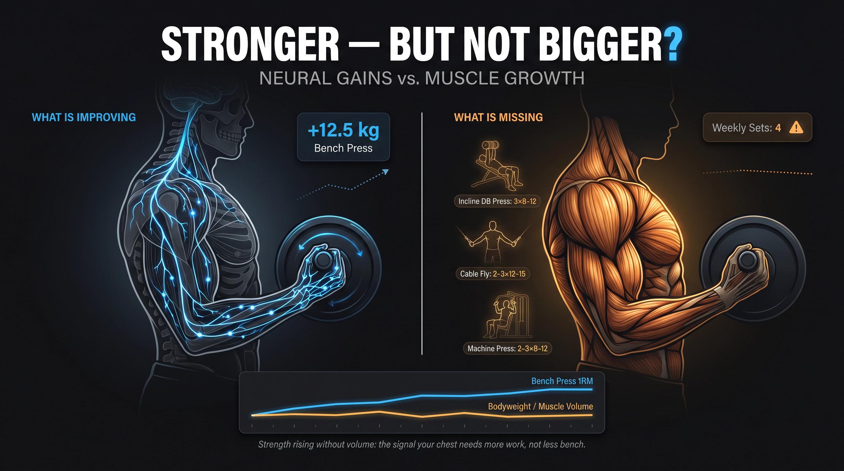 Split editorial illustration: neural strength gains (no growth) vs. volume-driven hypertrophy, dark background
