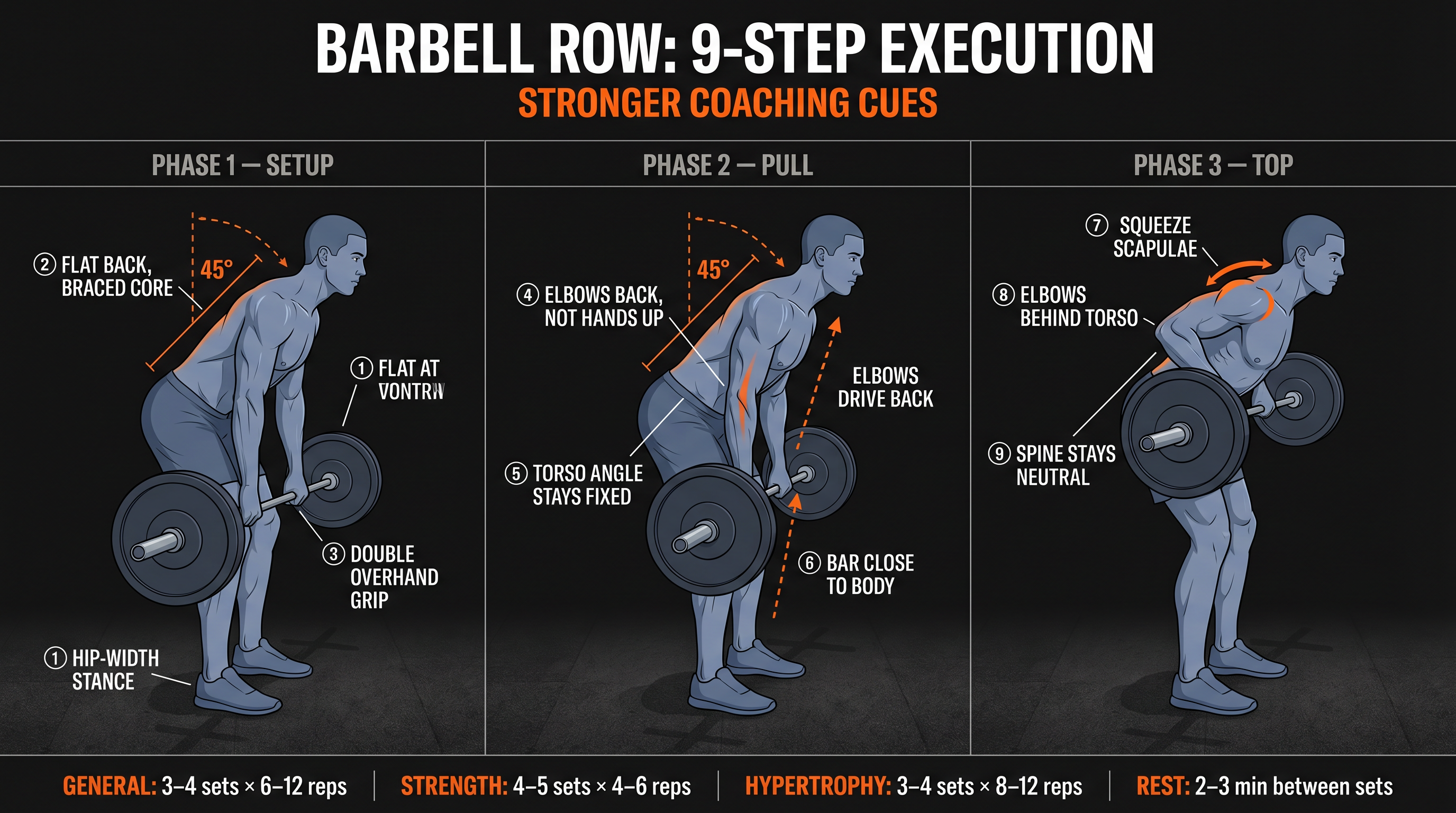 Three-phase instructional diagram of barbell row form: setup hinge, mid-pull, and top squeeze positions with numbered cues