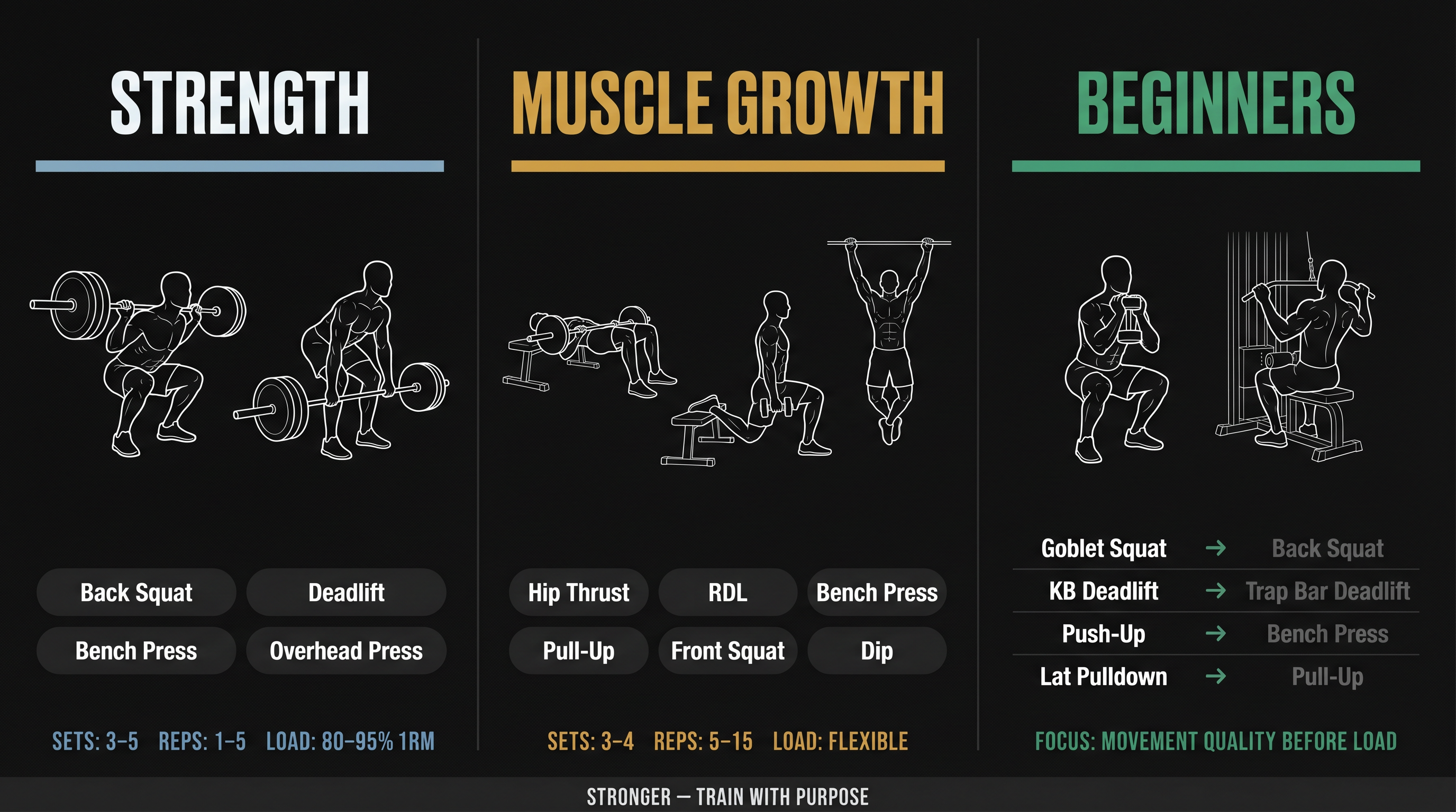 Three-panel training goal chart: strength, muscle growth, and beginner compound exercise selections side by side