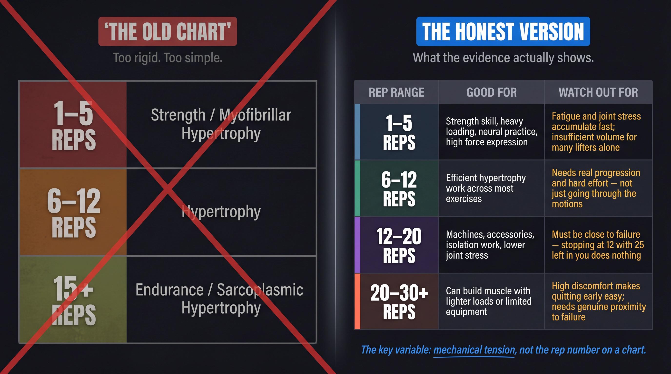 Side-by-side comparison of the outdated 3-row rep range chart versus the modern evidence-based 4-row nuanced table