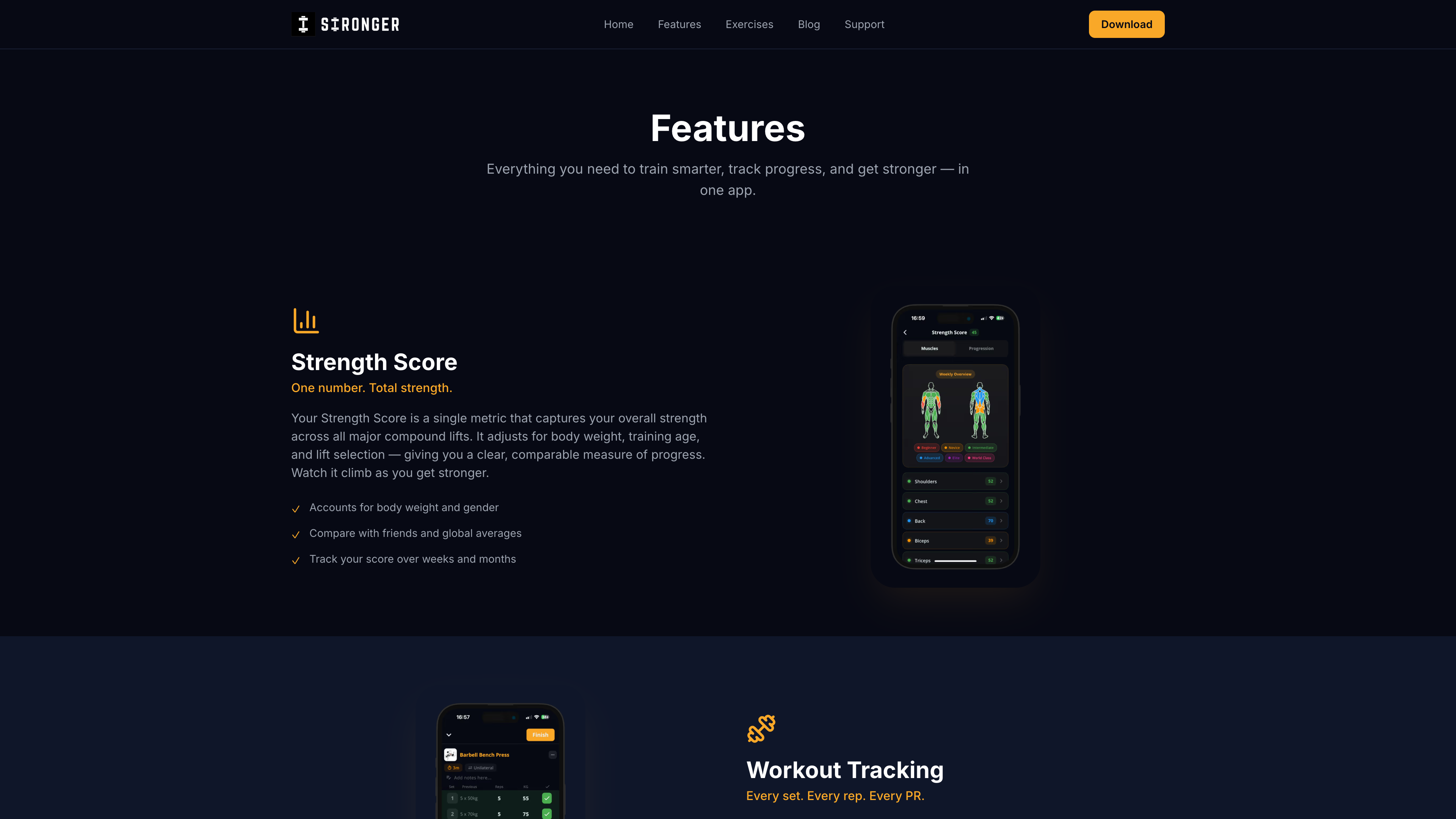 Stronger features page showing Strength Score, Workout Tracking, and app capabilities for serious lifters
