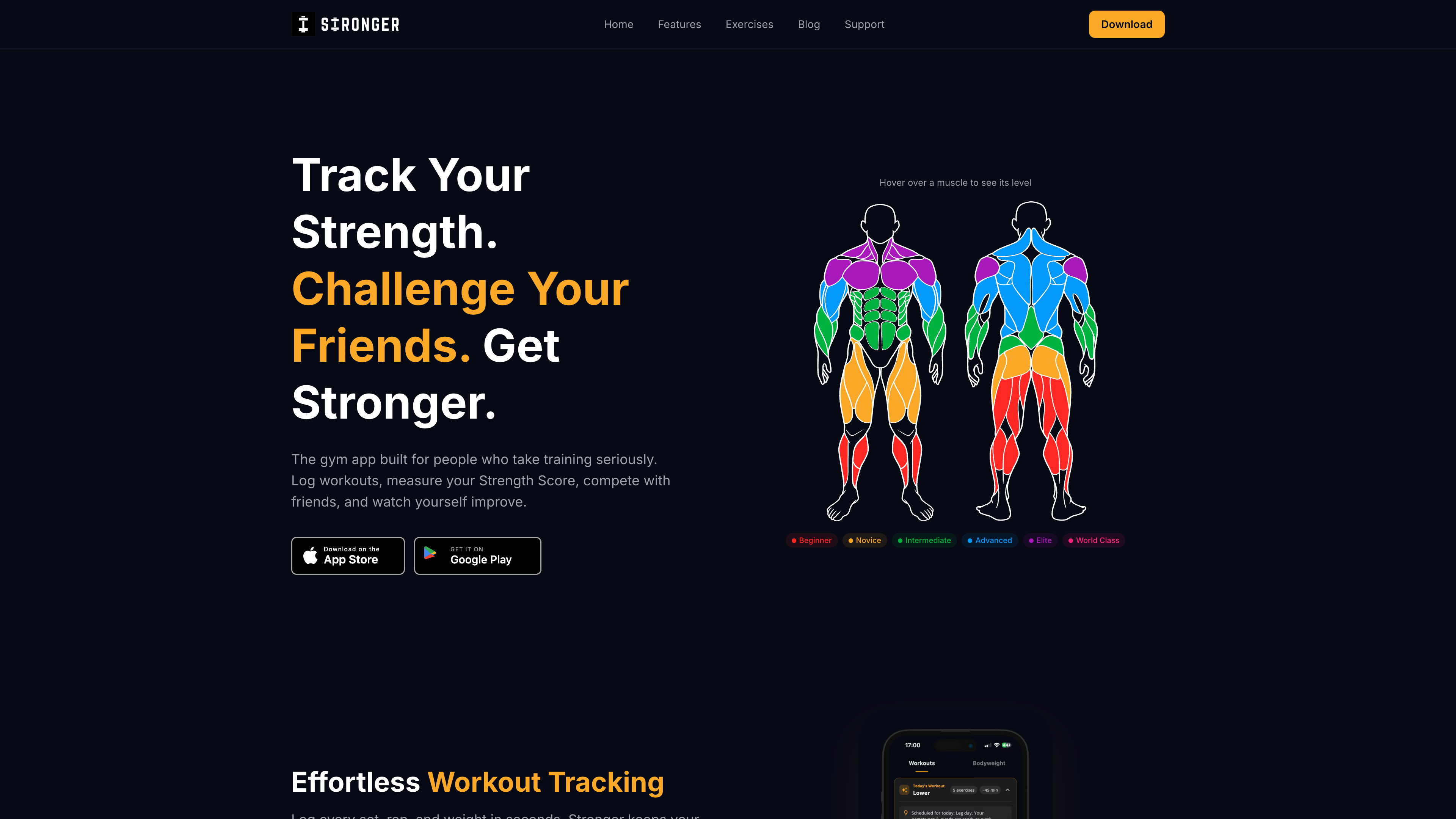 Stronger app homepage: "Track Your Strength. Challenge Your Friends. Get Stronger." — muscle strength map and App Store CTA