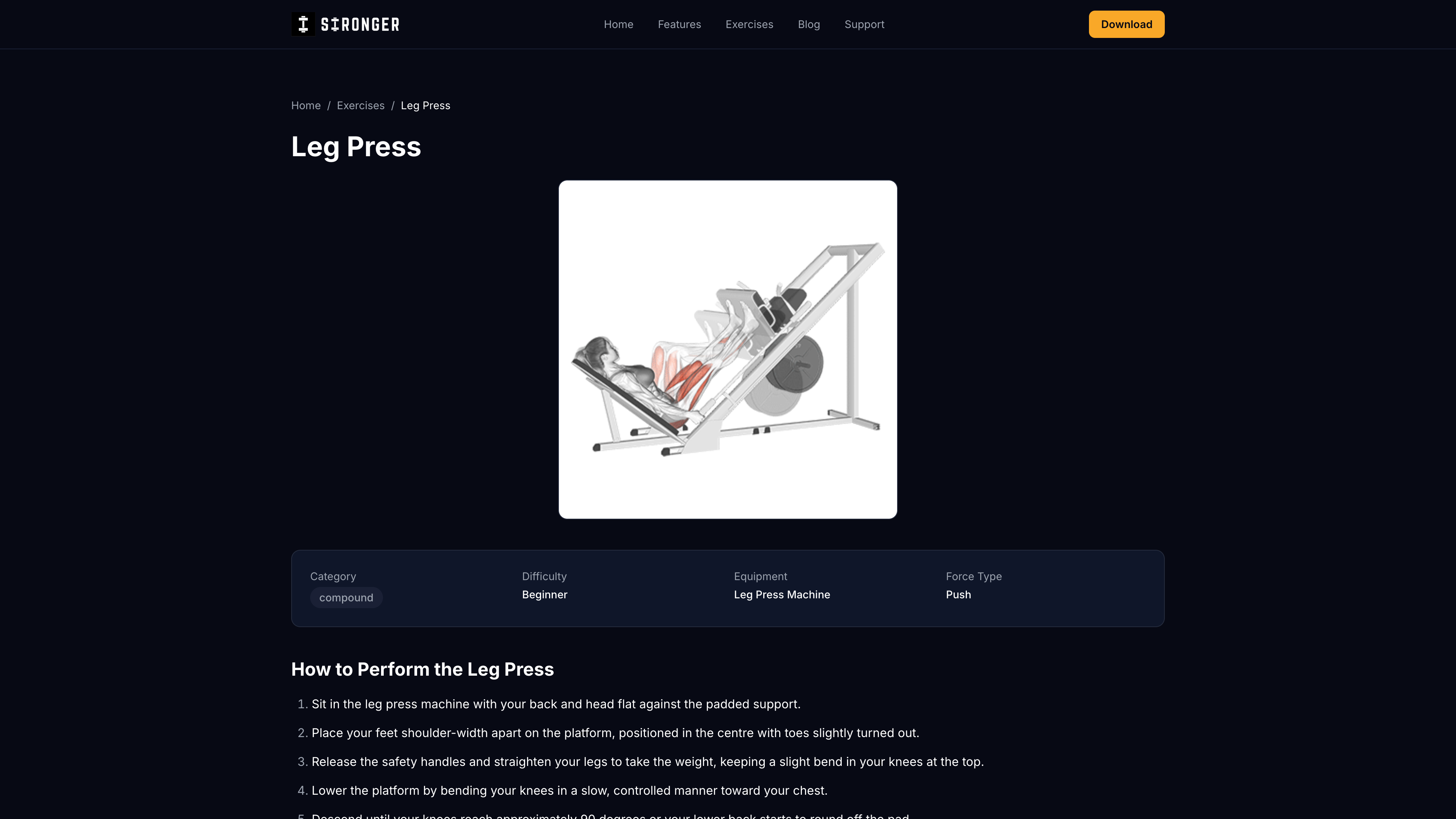 Stronger leg press exercise page: step-by-step instructions, muscles worked, compound category, equipment: leg press machine