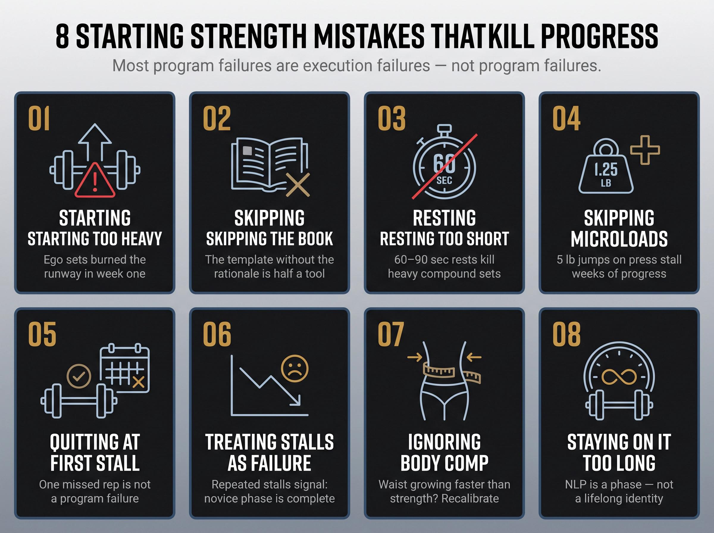 8-card infographic grid showing the most common Starting Strength execution mistakes that kill novice progress