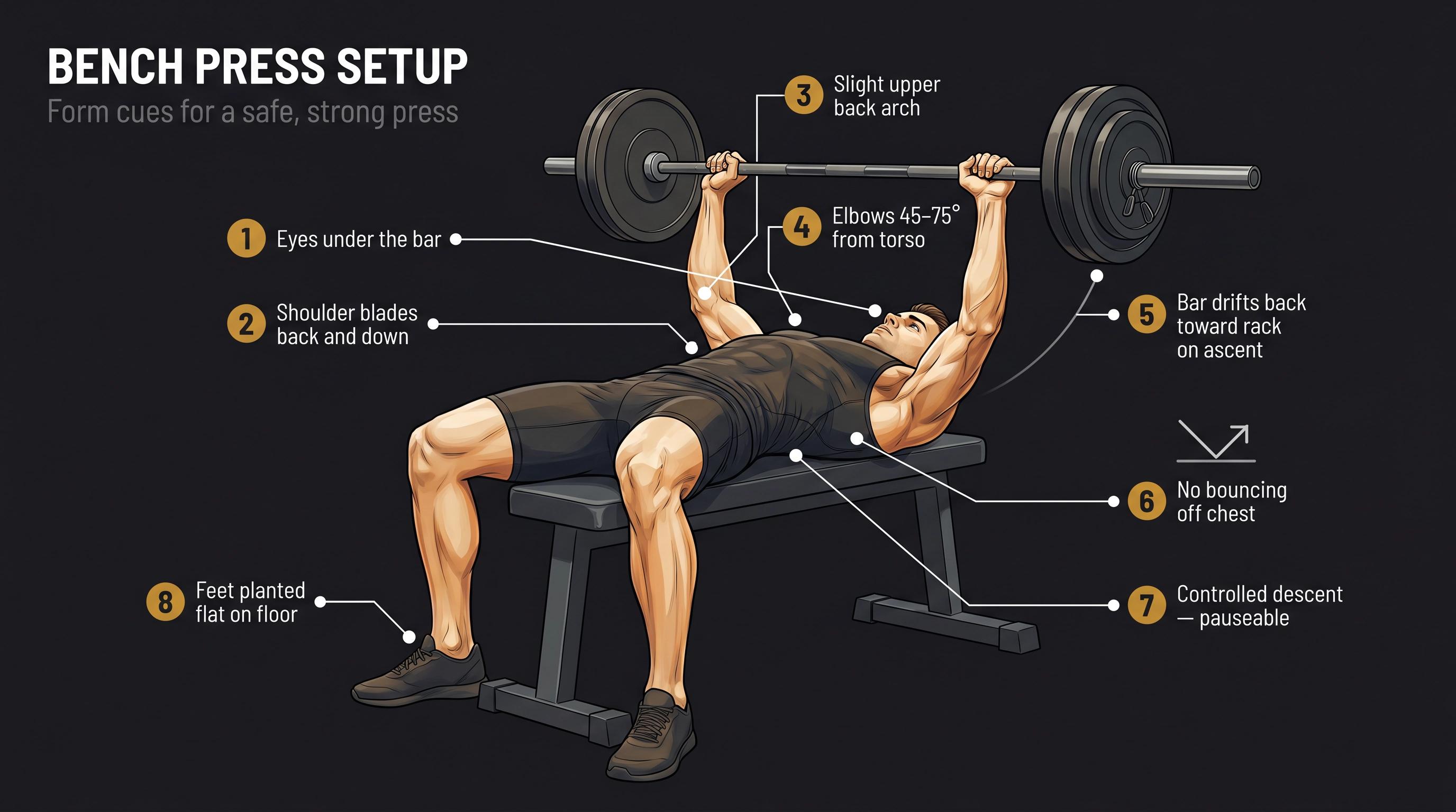 Annotated bench press form diagram showing 8 key technique cues: eyes under bar, planted feet, shoulder blades, arch, controlled descent, elbow angle, and bar path