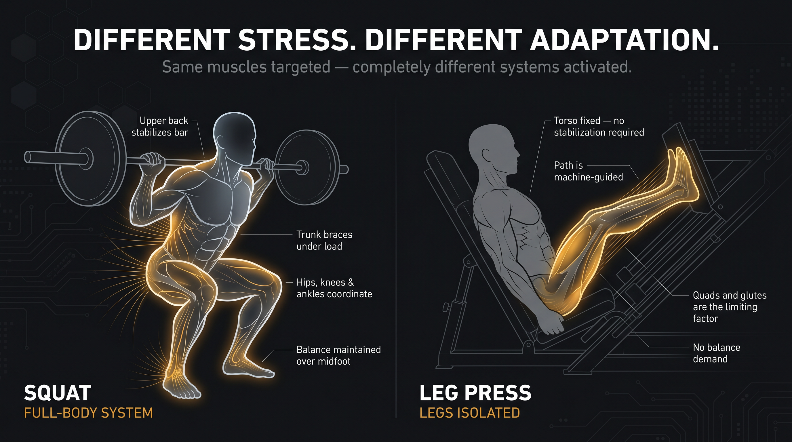 Side-by-side anatomical illustration comparing squat as a full-body coordination system versus leg press as an isolated leg exercise with torso supported