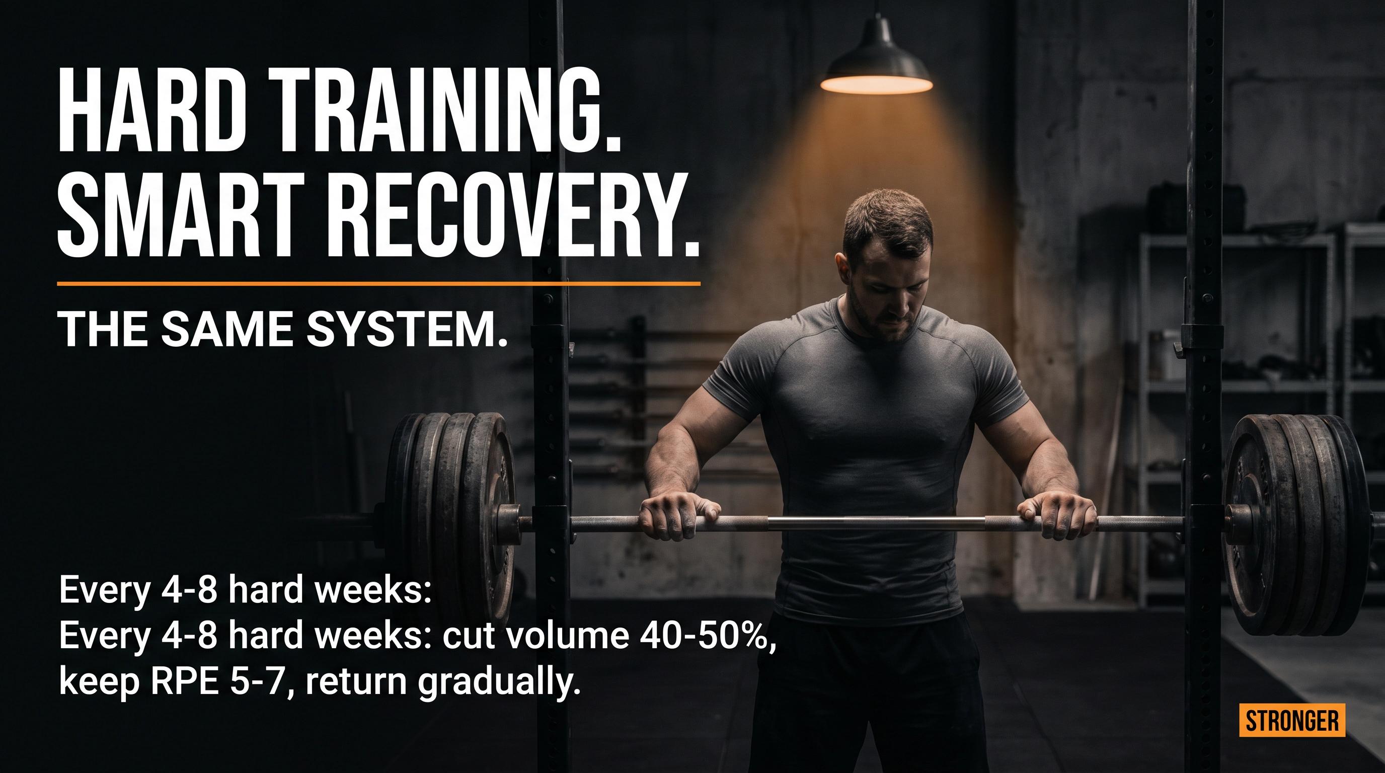 Dark cinematic gym poster: lone lifter under barbell in dim light, bold deload prescription text overlaid