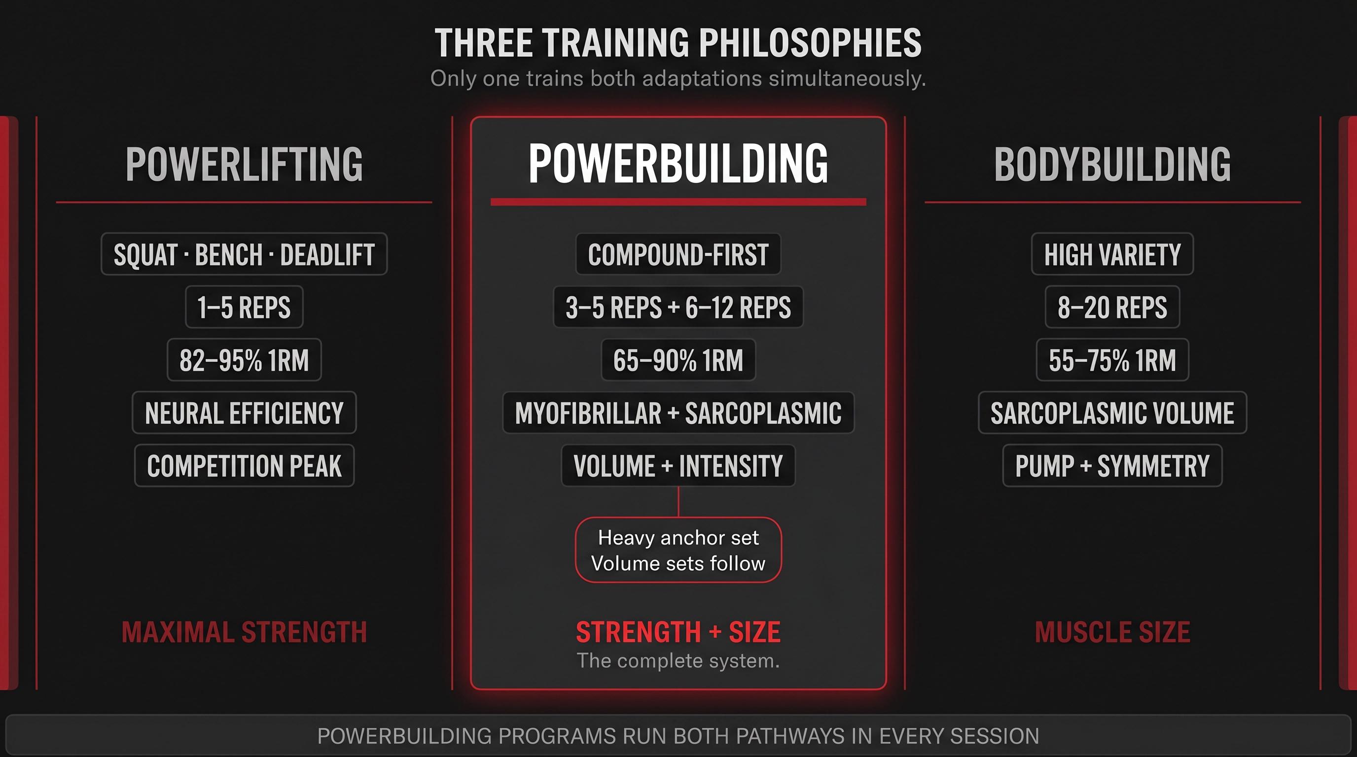 Three-column editorial diagram comparing powerlifting, powerbuilding, and bodybuilding training philosophies side by side