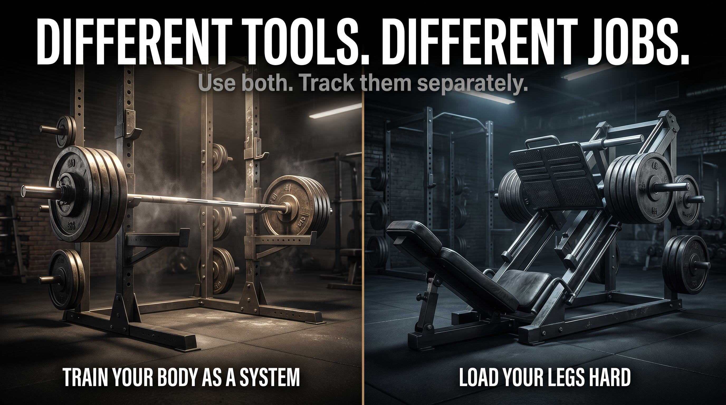 Bold editorial split showing a barbell squat rack on the left and a leg press machine on the right, representing two distinct training tools
