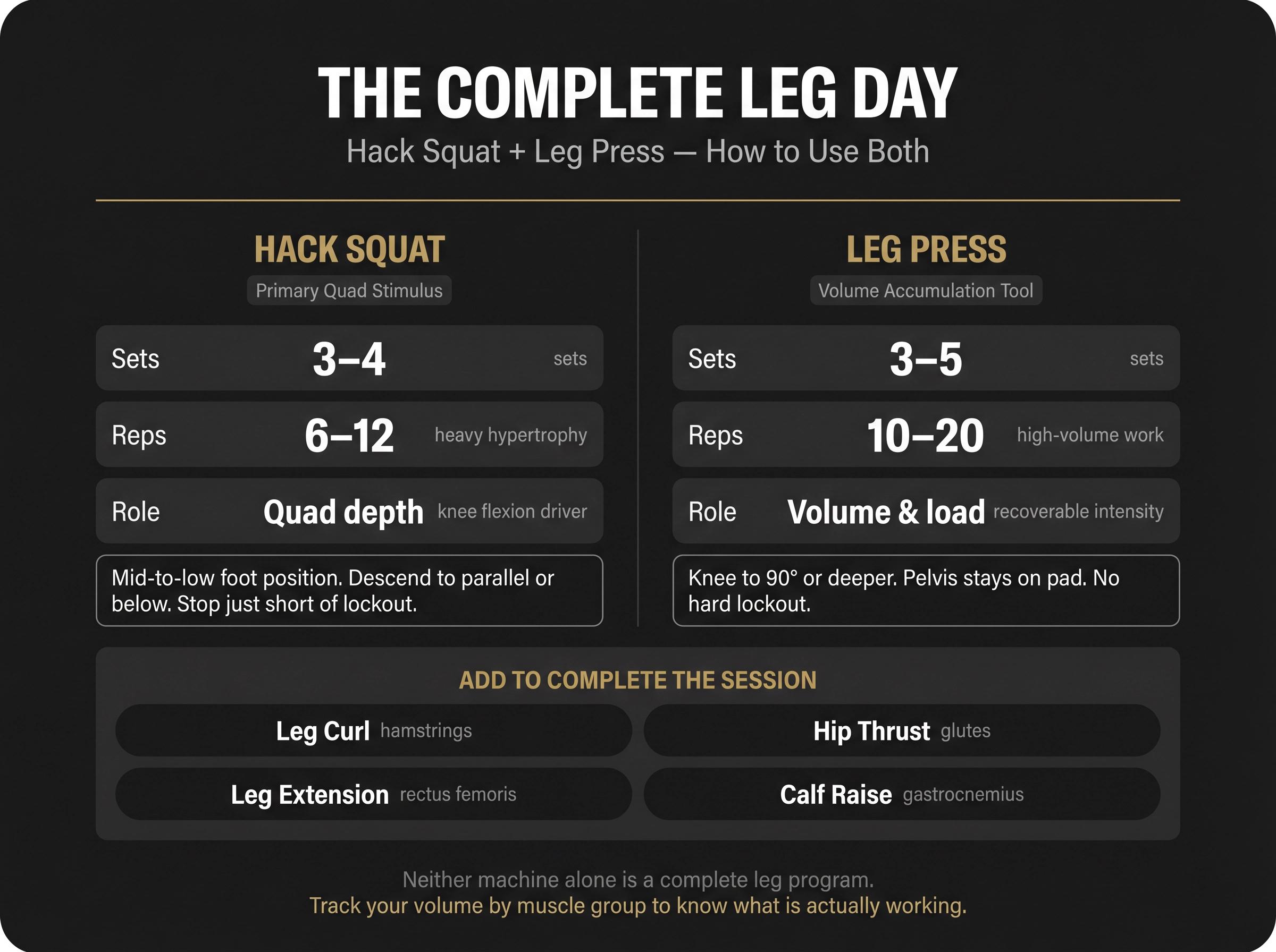 Complete leg day program card showing hack squat as primary quad stimulus and leg press as volume tool alongside accessories
