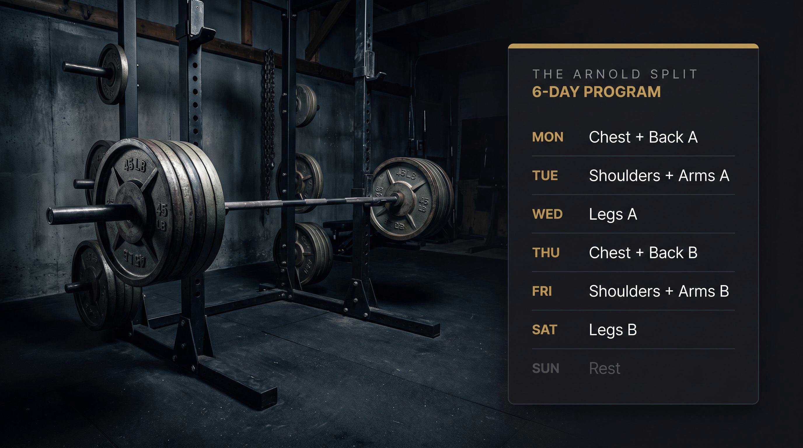 Dark gym scene with bold 6-day Arnold Split training schedule: chest/back, shoulders/arms, and legs weekly rotation