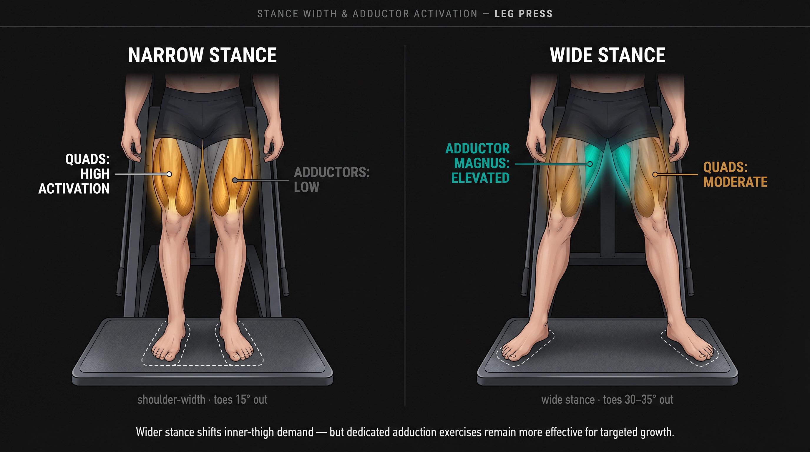 Split-panel diagram comparing narrow vs wide stance leg press foot placement and corresponding adductor muscle activation