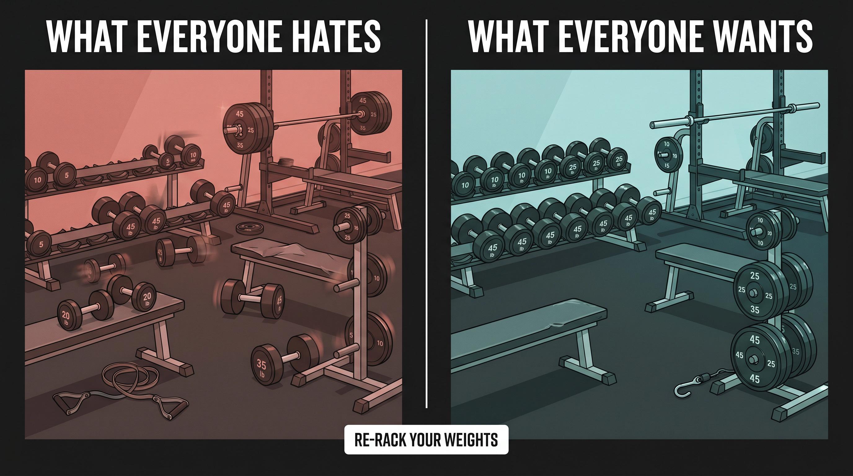 Split-panel gym illustration: left side shows chaotic unreturned weights and dumbbells, right side shows clean re-racked equipment