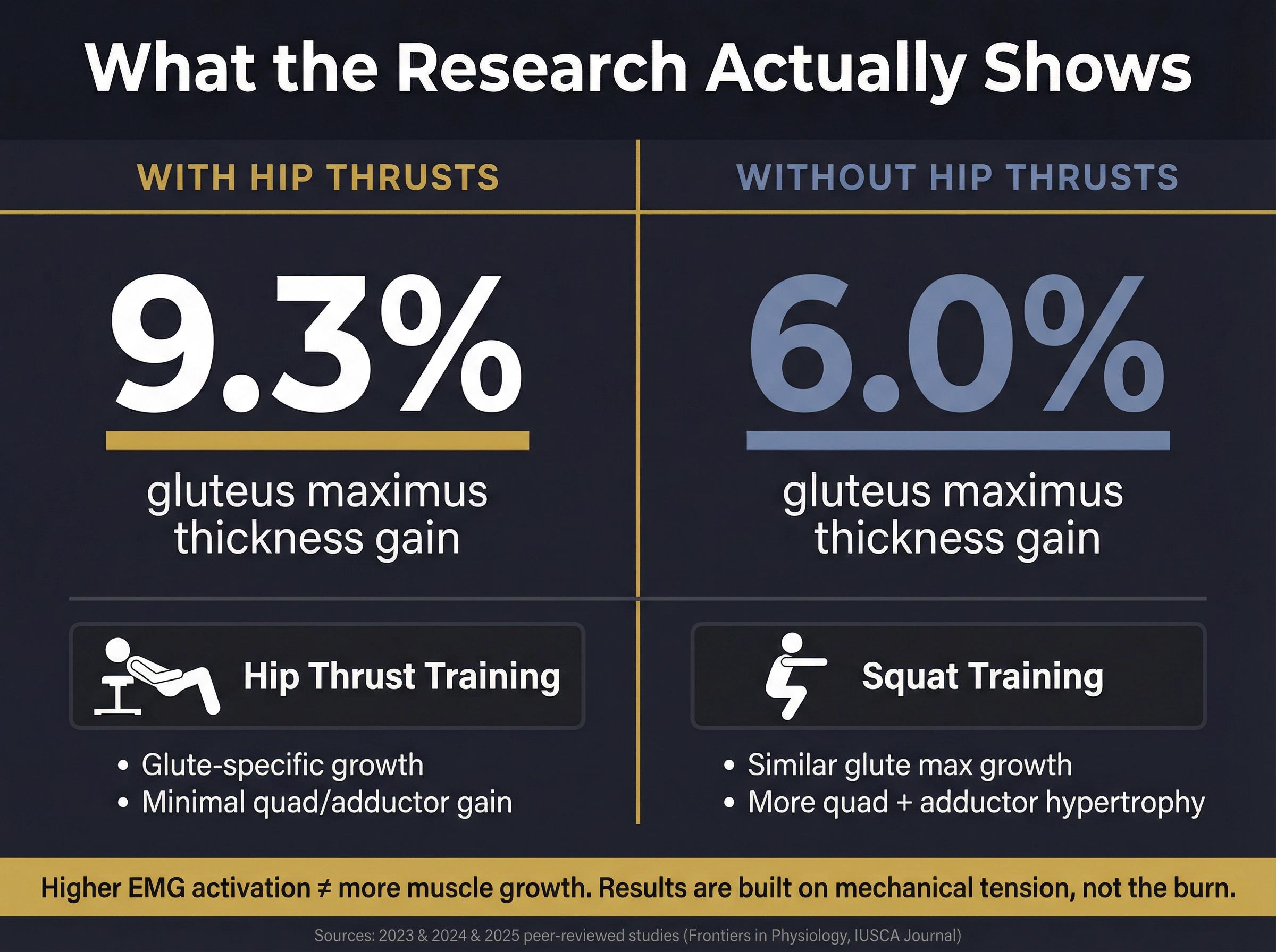 Infographic comparing hip thrust training outcomes: 9.3% vs 6.0% glute thickness gain and glute-specific vs total lower body growth
