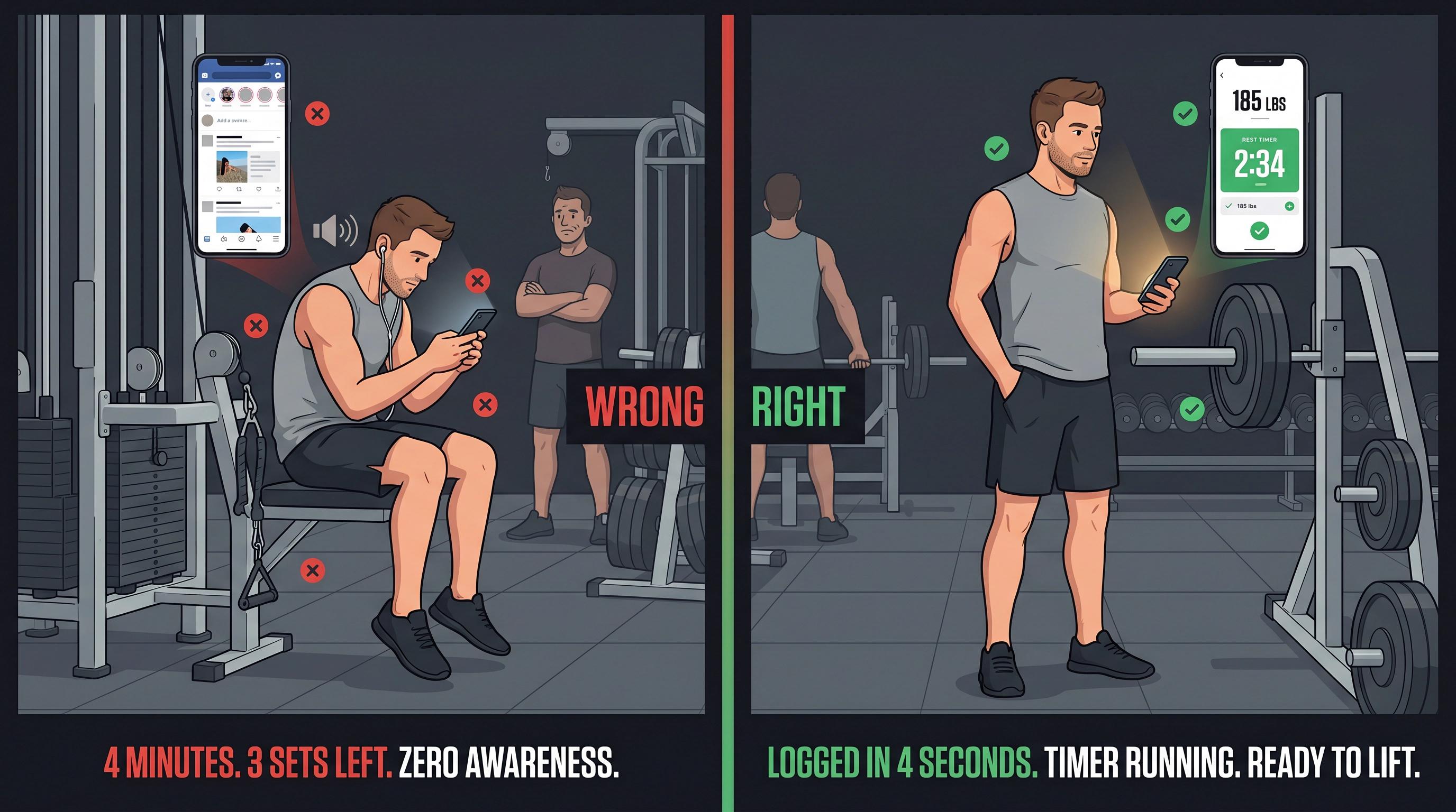 Split panel showing wrong gym phone use (scrolling on equipment) vs right use (quick set logging with rest timer)