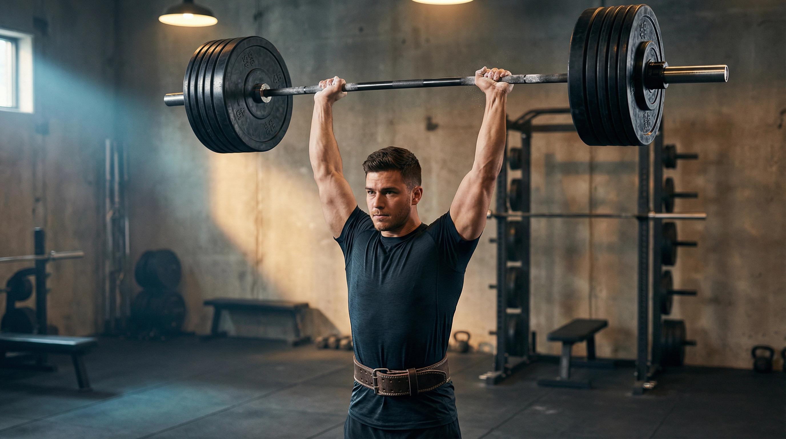 Male athlete executing a strict barbell overhead press at full lockout in a powerlifting gym, heavy plates loaded