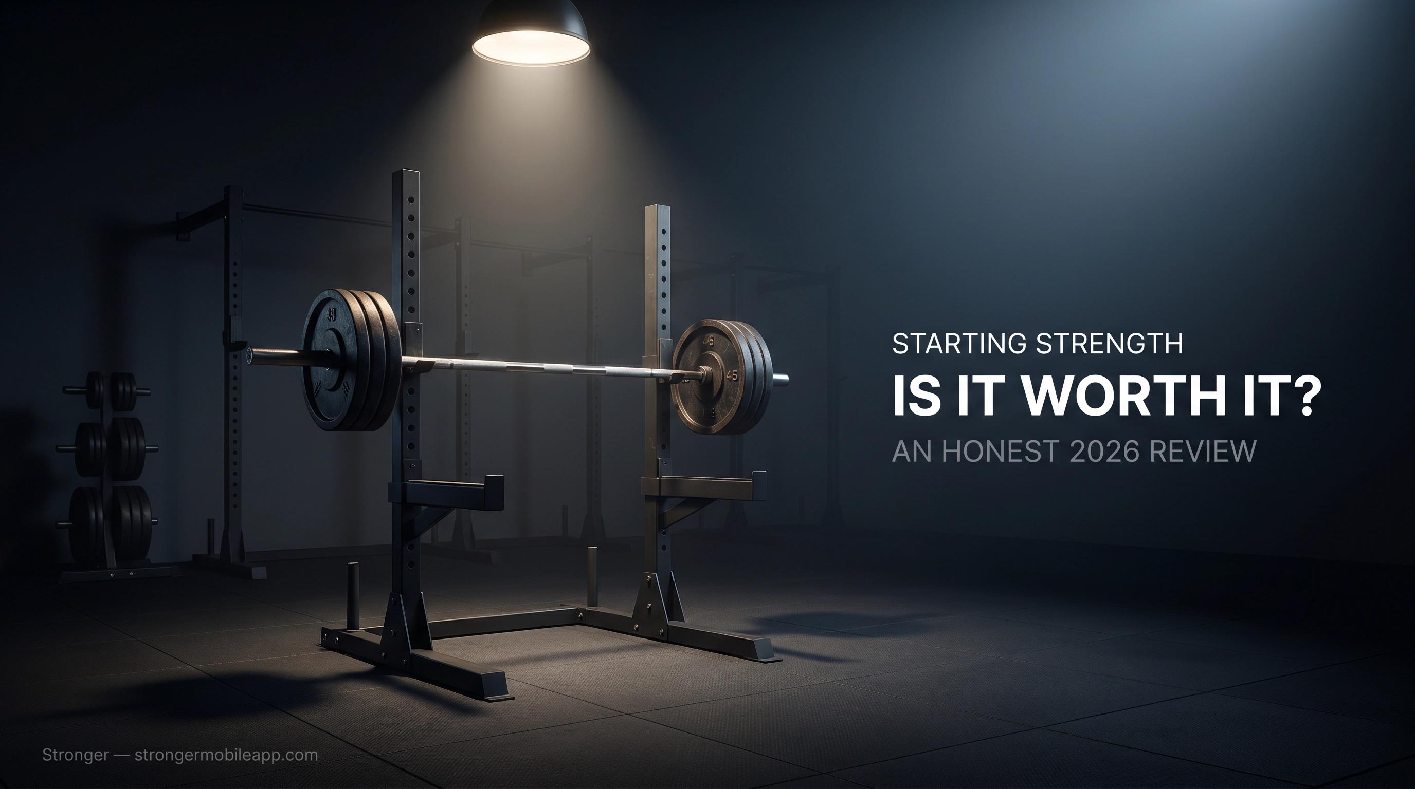 Cinematic editorial illustration of an Olympic barbell under dramatic spotlight with Starting Strength program evaluation framing