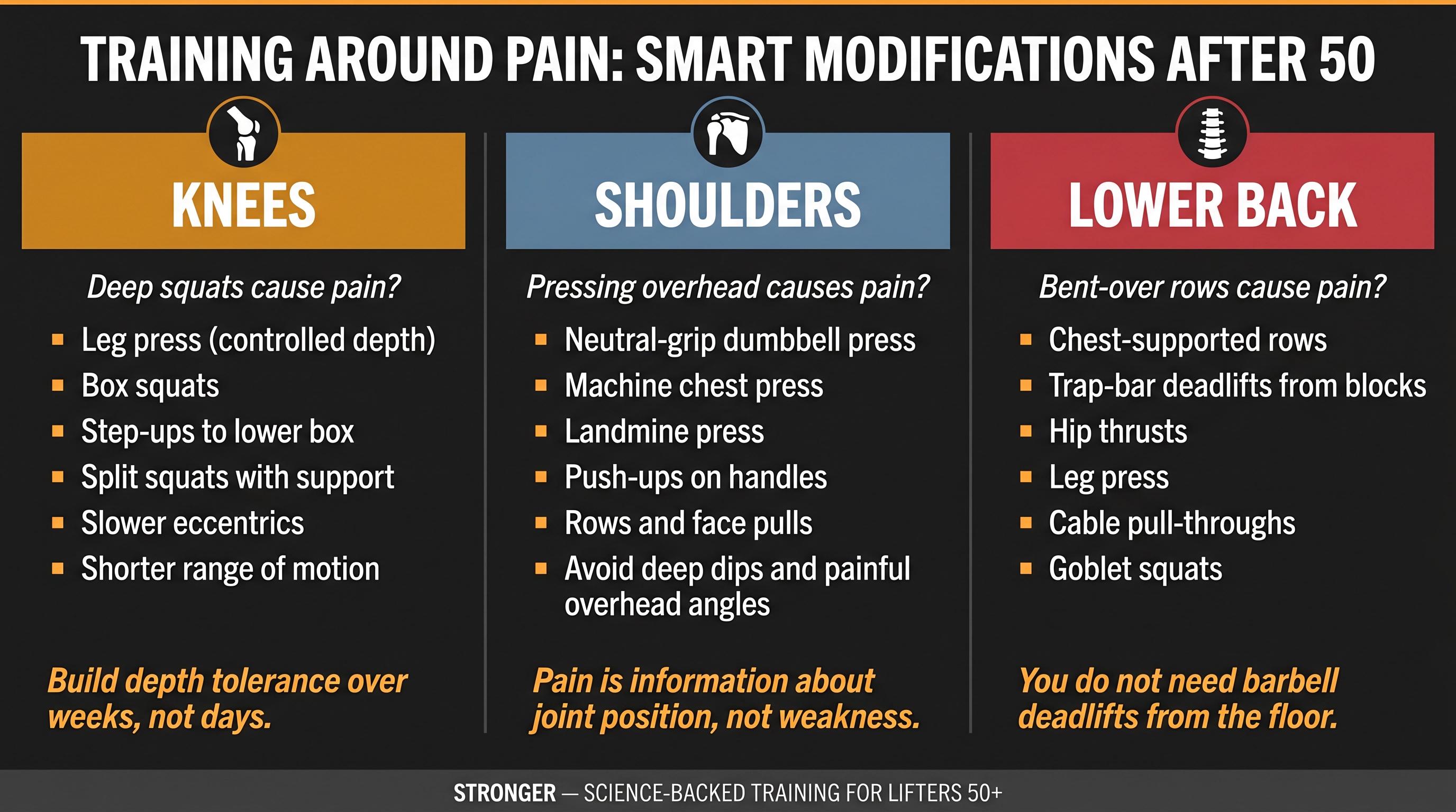Three-zone injury modification reference card showing safe exercise alternatives for knee, shoulder, and lower back pain in lifters over 50