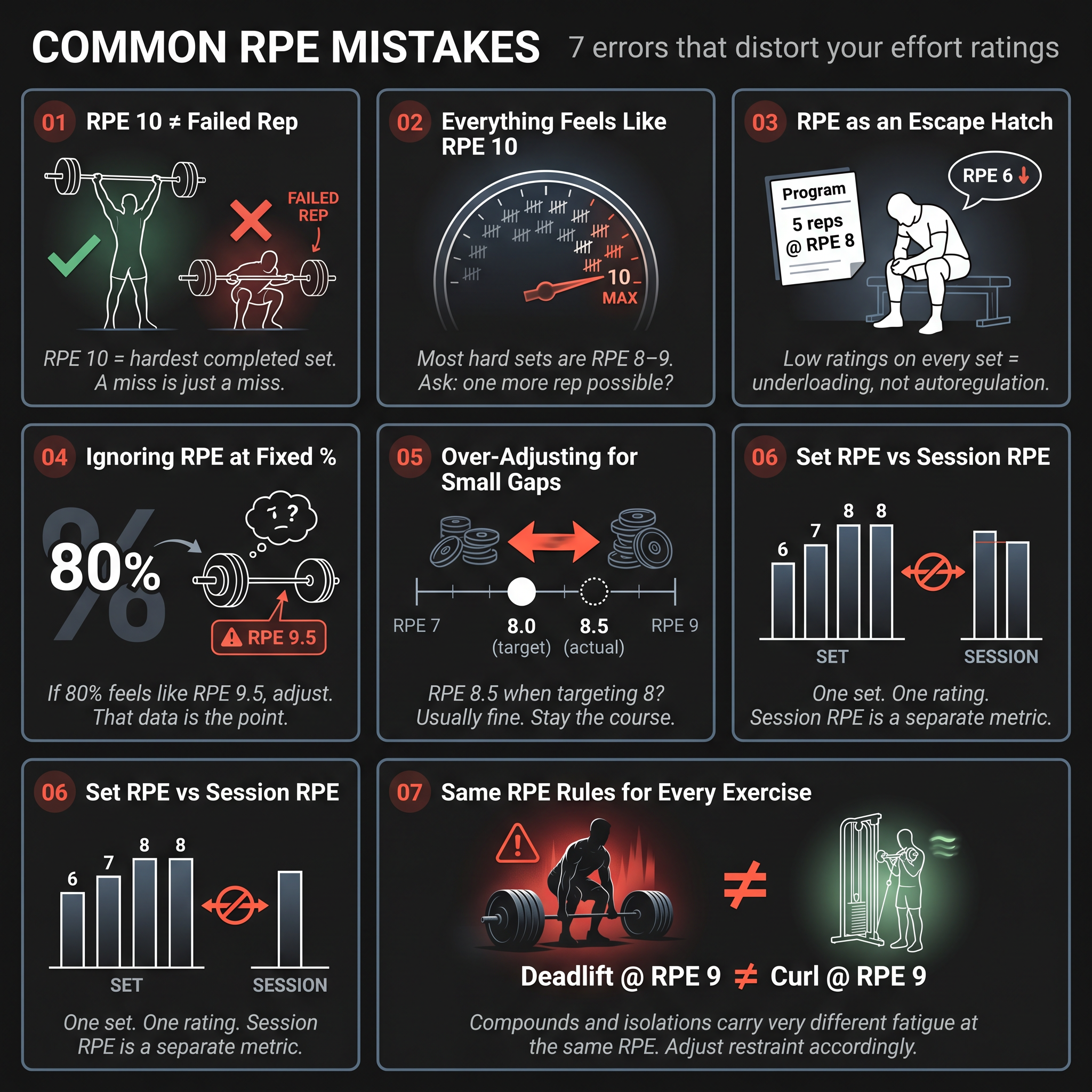 Seven-panel grid illustrating the 7 most common RPE mistakes in strength training, each with a label and corrective cue