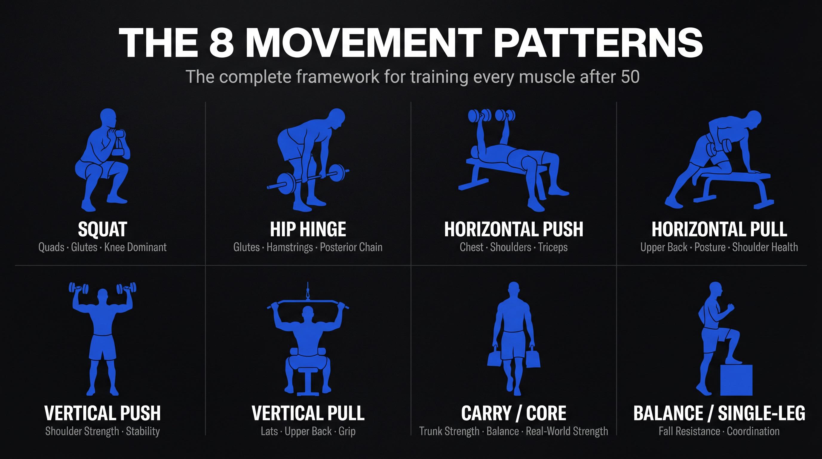 Eight fundamental movement patterns for building muscle after 50: squat, hip hinge, push, pull, carry, and balance exercises illustrated