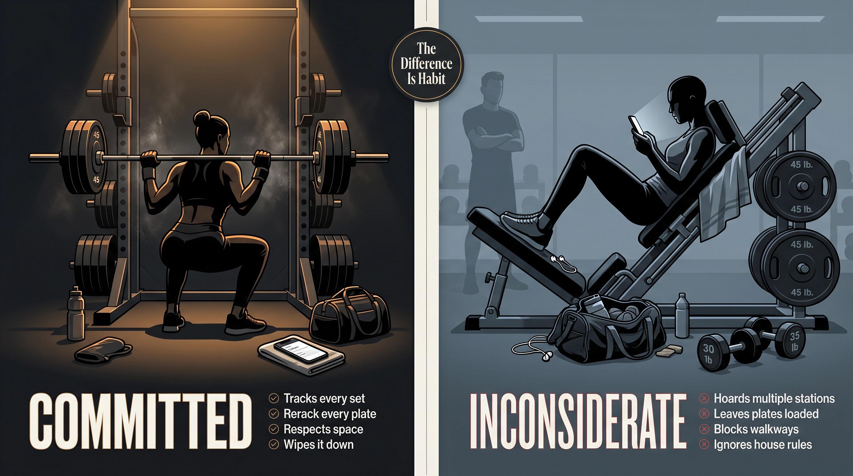 Split-panel gym illustration: left side shows a committed lifter tracking workout, right side shows inconsiderate gym behavior like hogging equipment
