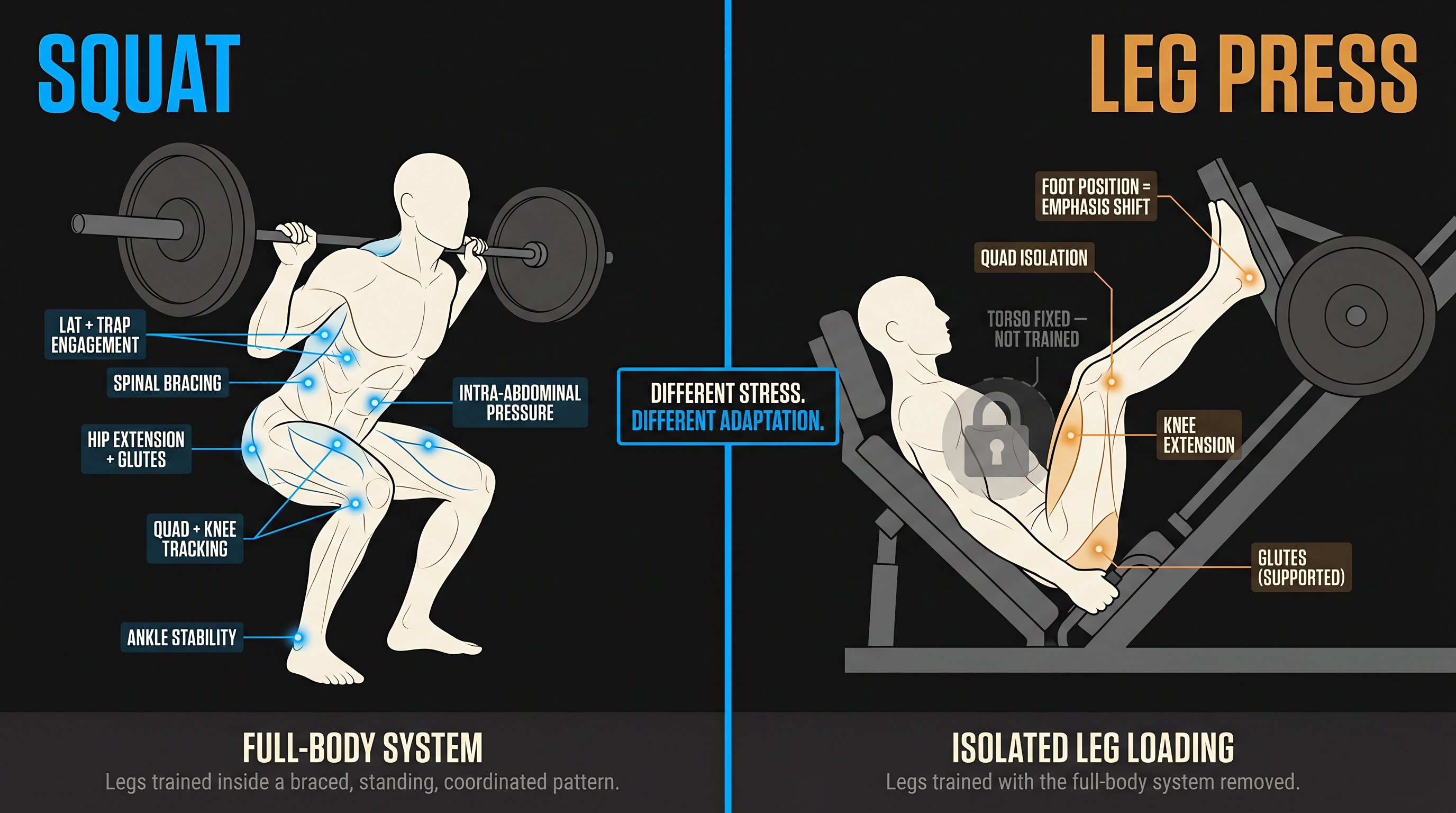 Split editorial illustration showing squat as full-body system vs leg press as isolated leg movement, demonstrating different stress patterns