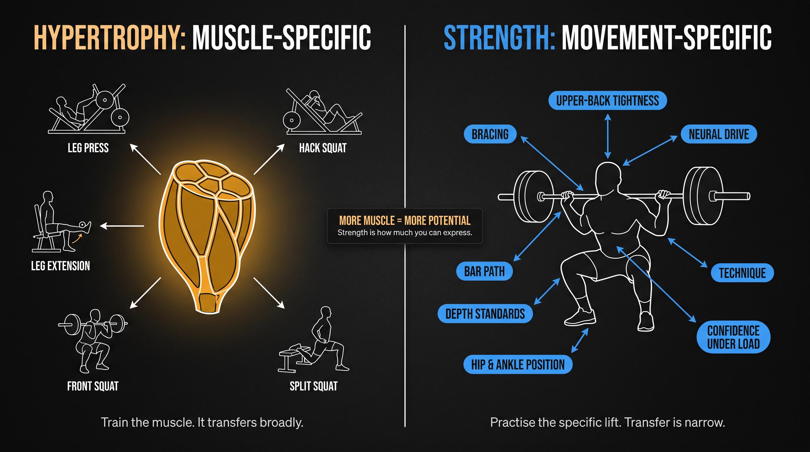 Split diagram: hypertrophy transferring across many exercises on the left vs strength requiring eight movement-specific components on the right