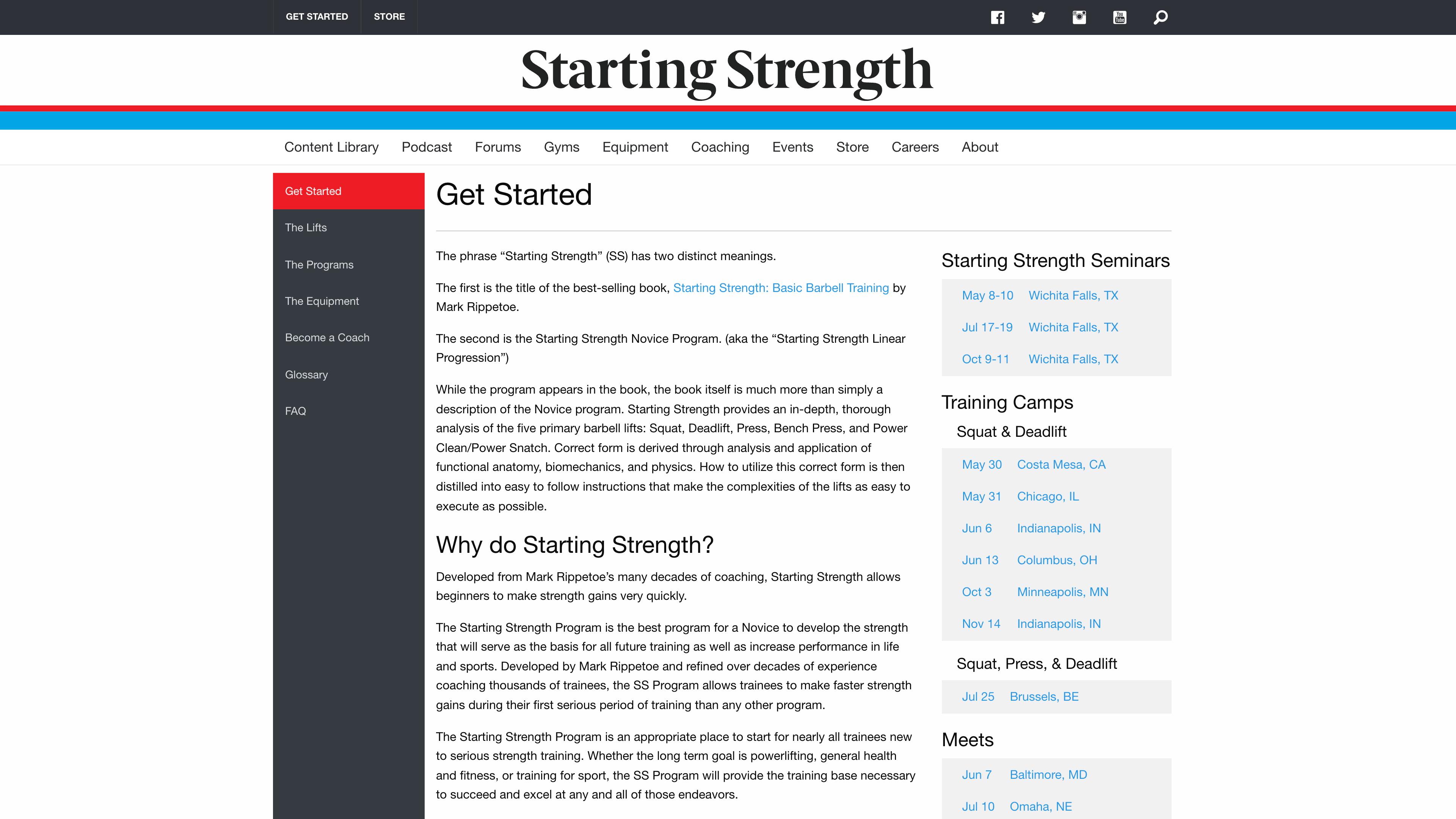 Starting Strength official Get Started page showing the program overview, book description, and beginner coaching resources at startingstrength.com