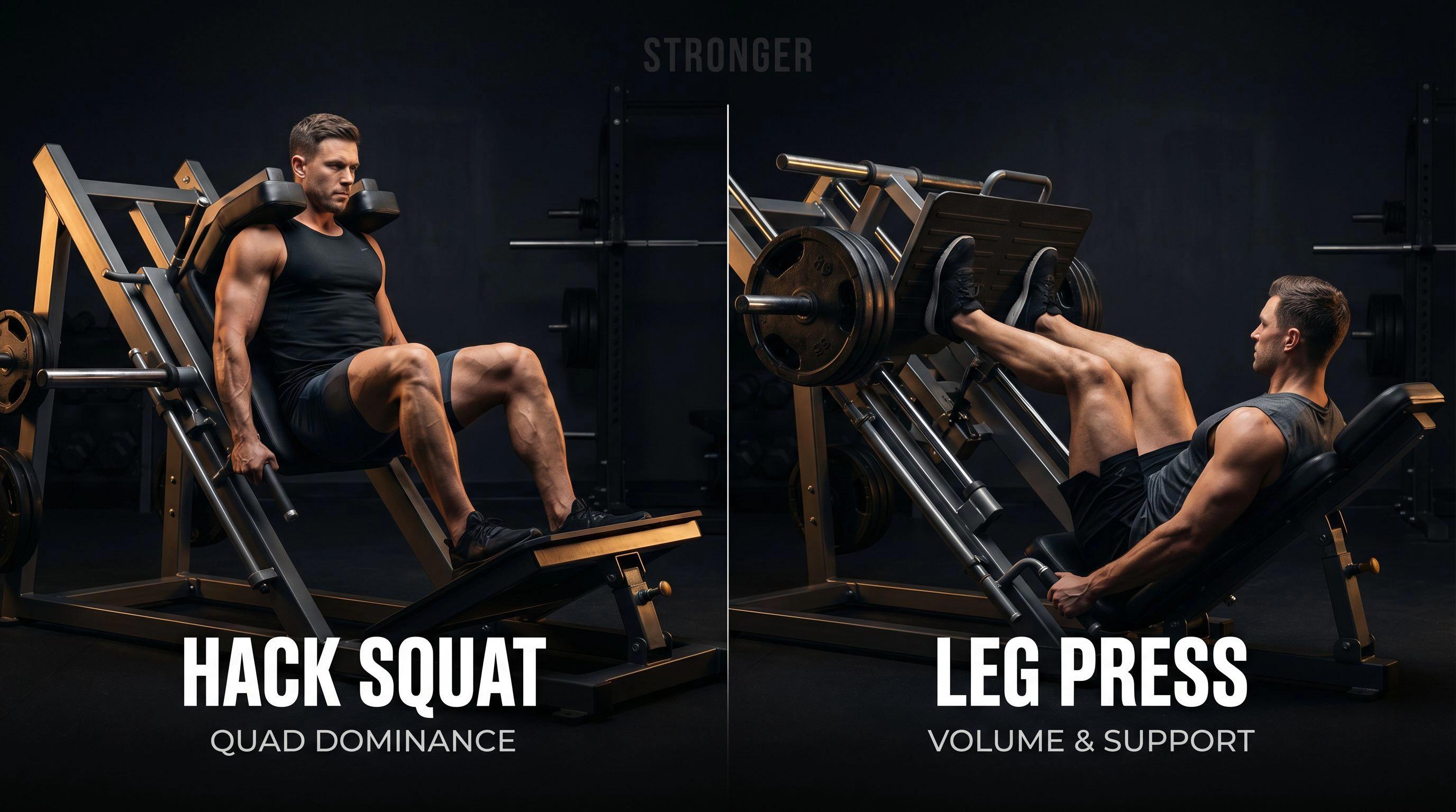 Side-by-side comparison of hack squat machine and leg press machine in a dark premium gym, dramatic lighting