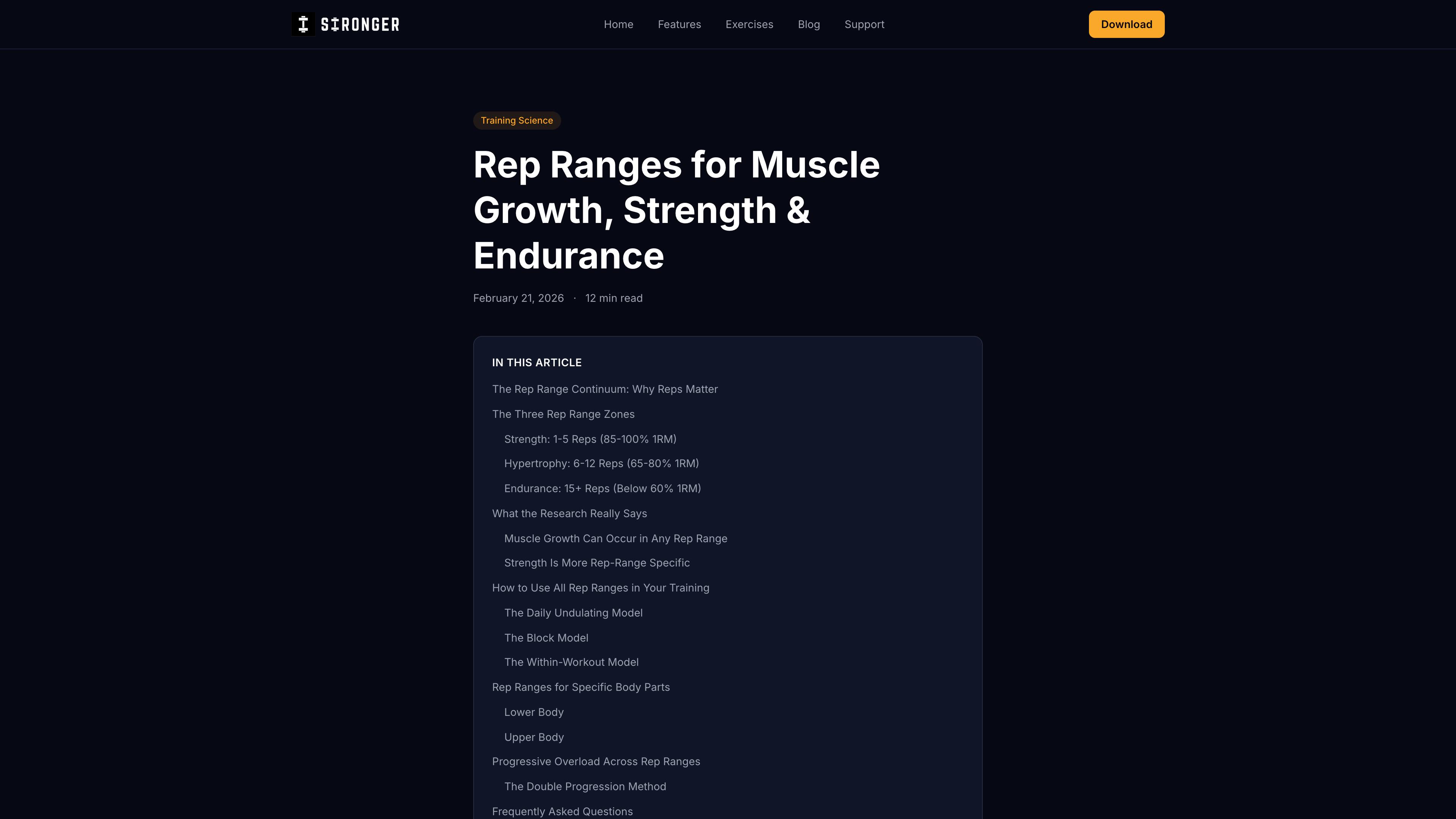 Stronger rep ranges guide blog post showing Rep Ranges for Muscle Growth Strength and Endurance with table of contents and section structure