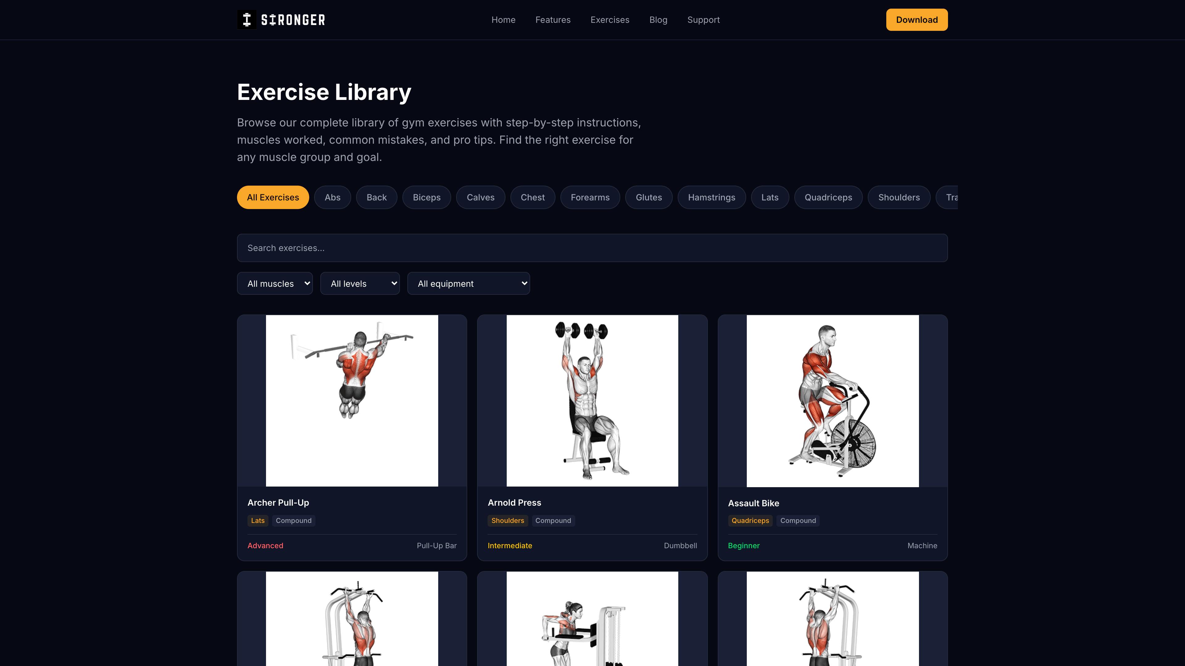Stronger Exercise Library page showing muscle group filters, search bar, and exercise cards including Arnold Press and pull-up variations