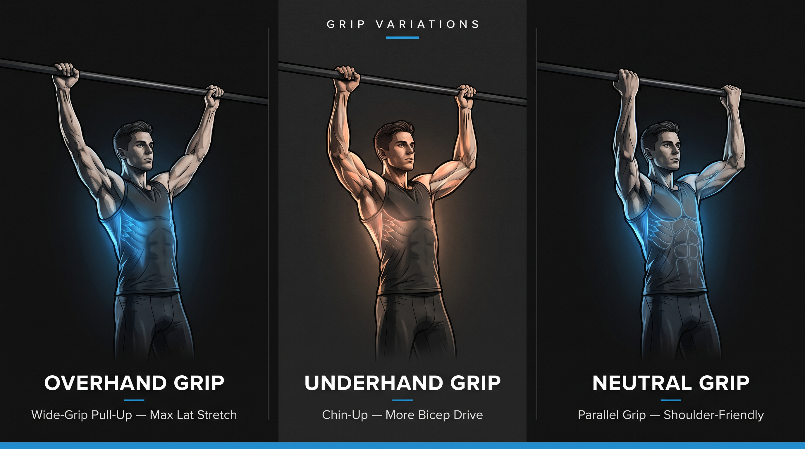 Triptych illustration of three pull-up grip variations — overhand, underhand, and neutral — with anatomical lat muscle highlights