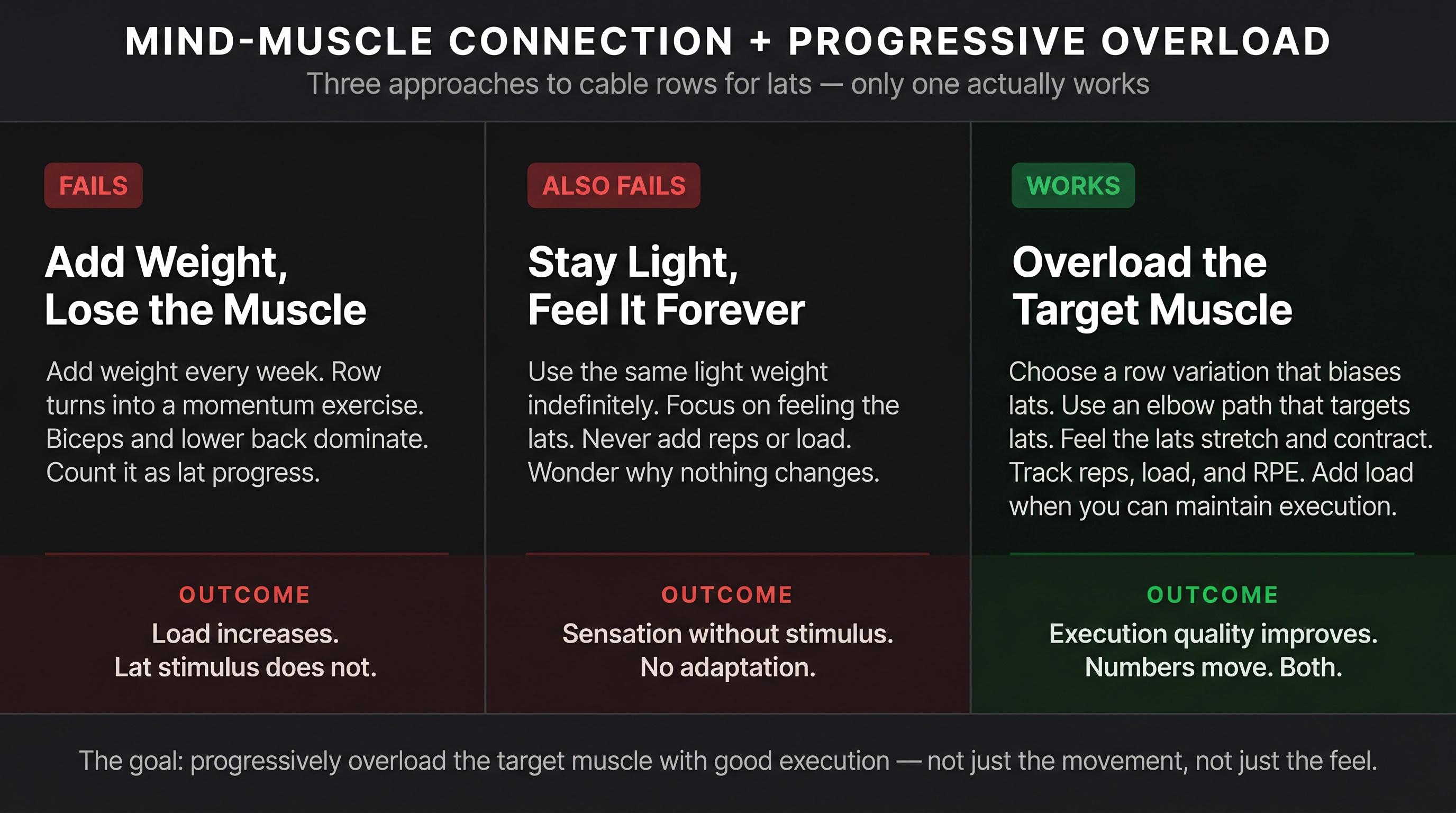 Three-column infographic comparing two failed training approaches against the correct method combining mind-muscle connection with progressive overload