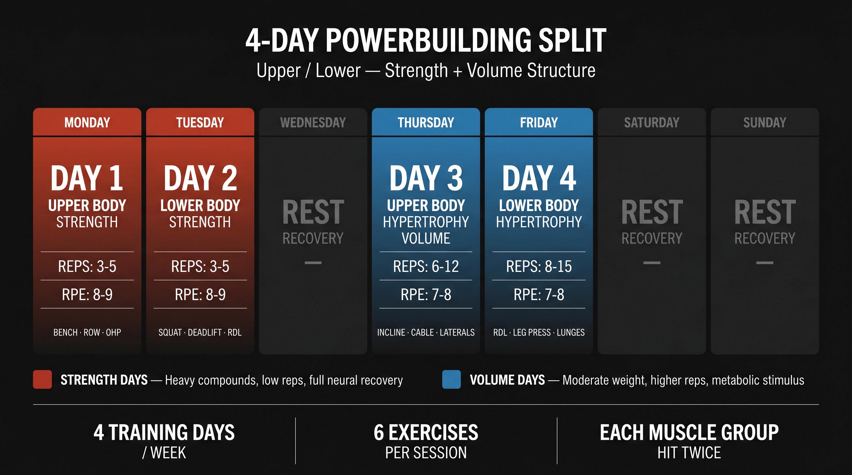 4-day powerbuilding split infographic: Monday Upper Strength, Tuesday Lower Strength, Thursday Upper Volume, Friday Lower Volume