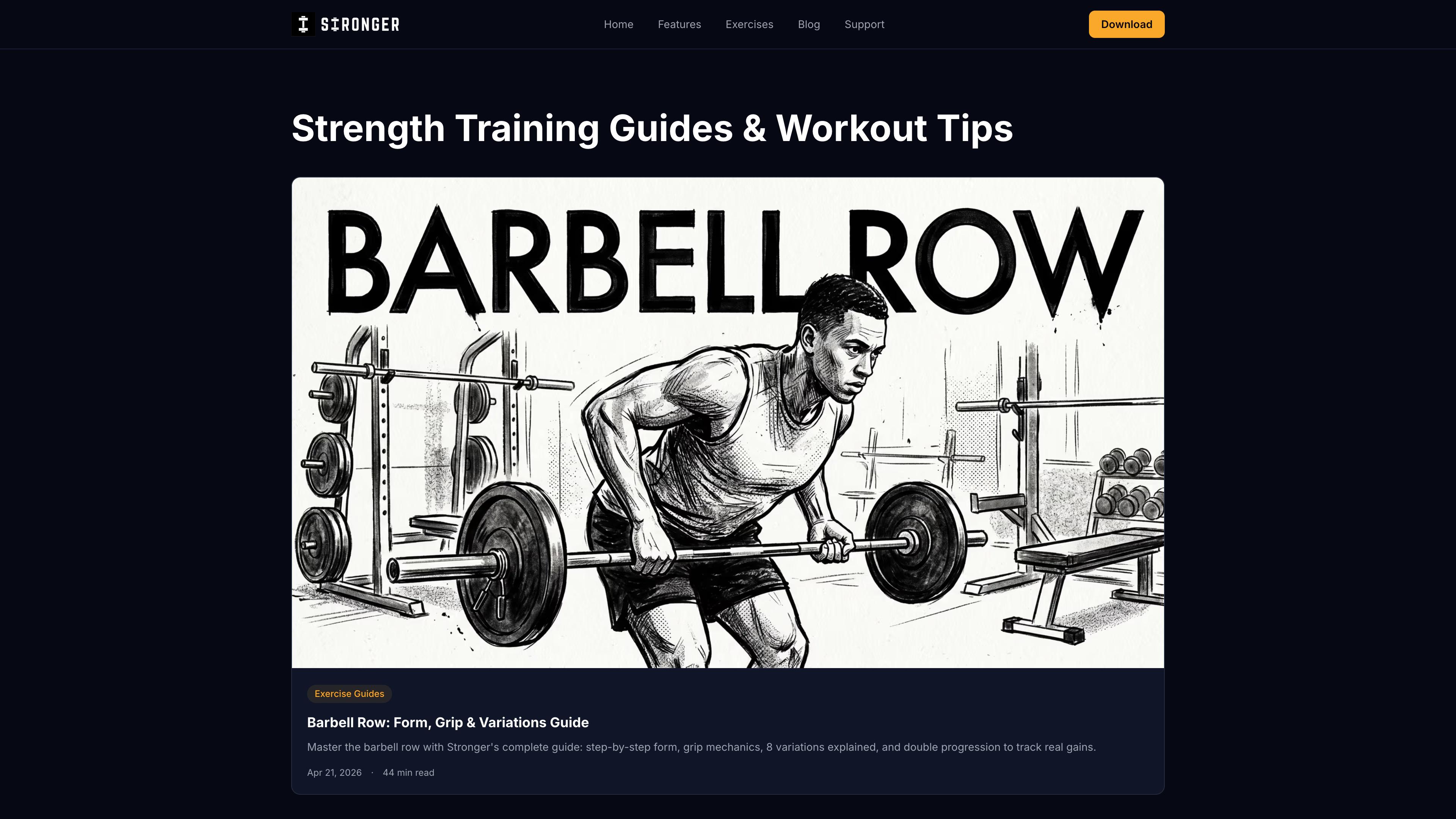 Stronger blog listing page showing Strength Training Guides and Workout Tips with featured articles on exercise science topics
